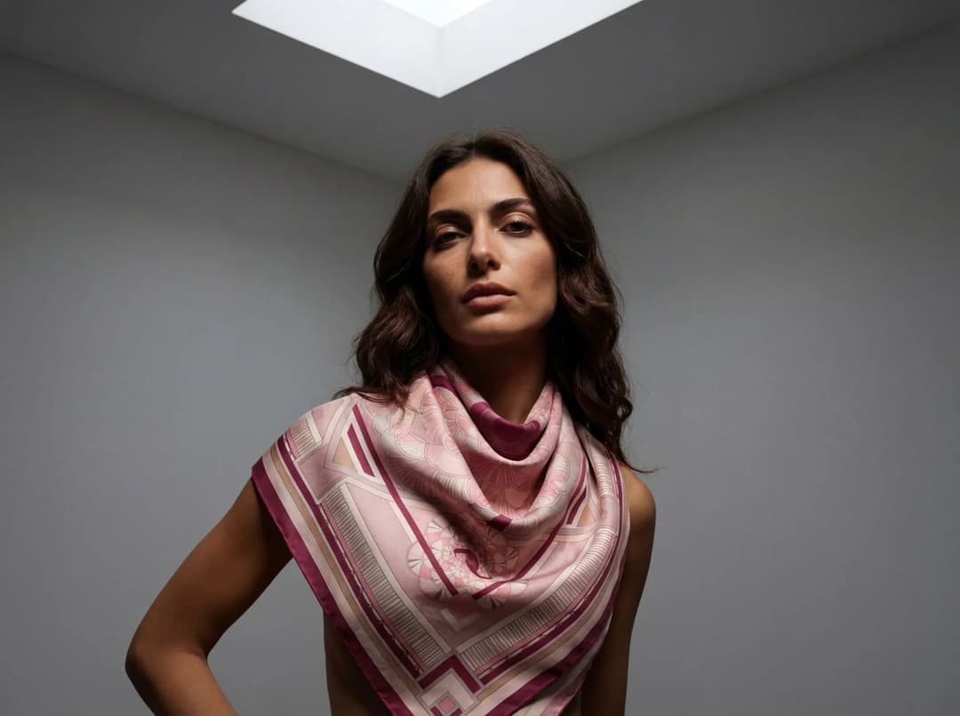 Carré de soie Misciano délicat porté en foulard raffiné, façon Misciano, pour une allure intemporelle et élégante
