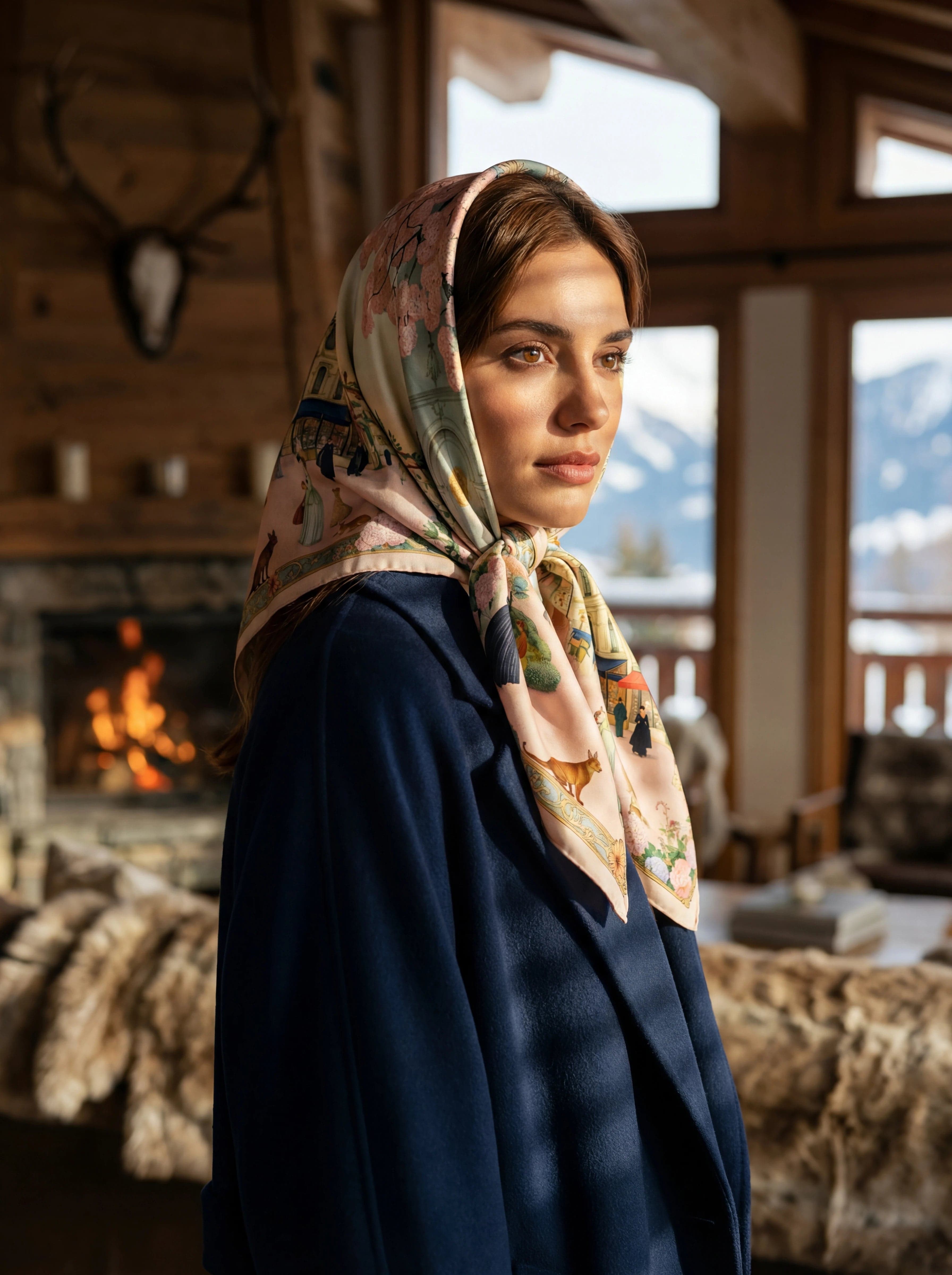 Woman in profile wearing the 90 silk twill Promenade à Misciano in natural silk in rose tones tied under the chin