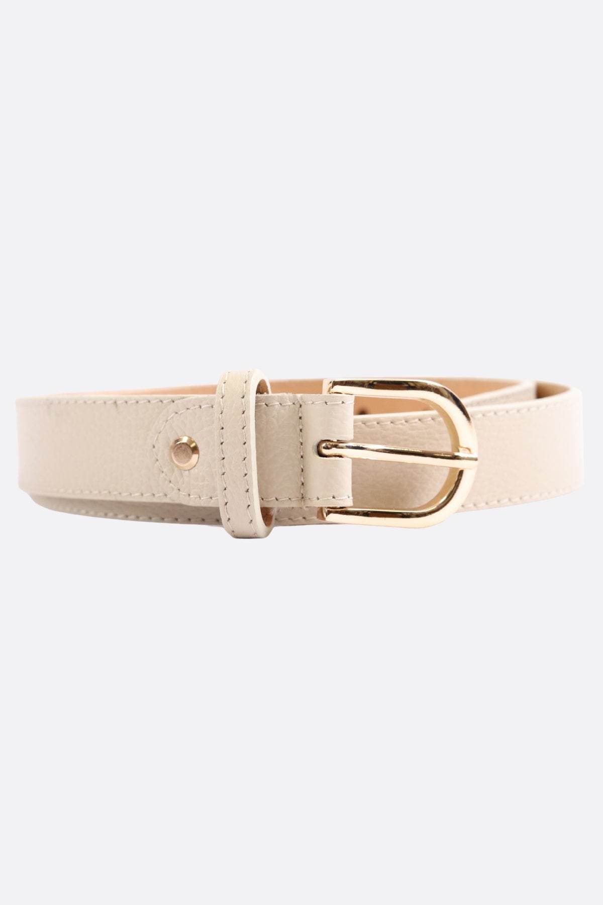 Elegante beige Gürtel aus genarbtem Rindsleder, ideal für stilvolle Alltags- und Abendoutfits.
