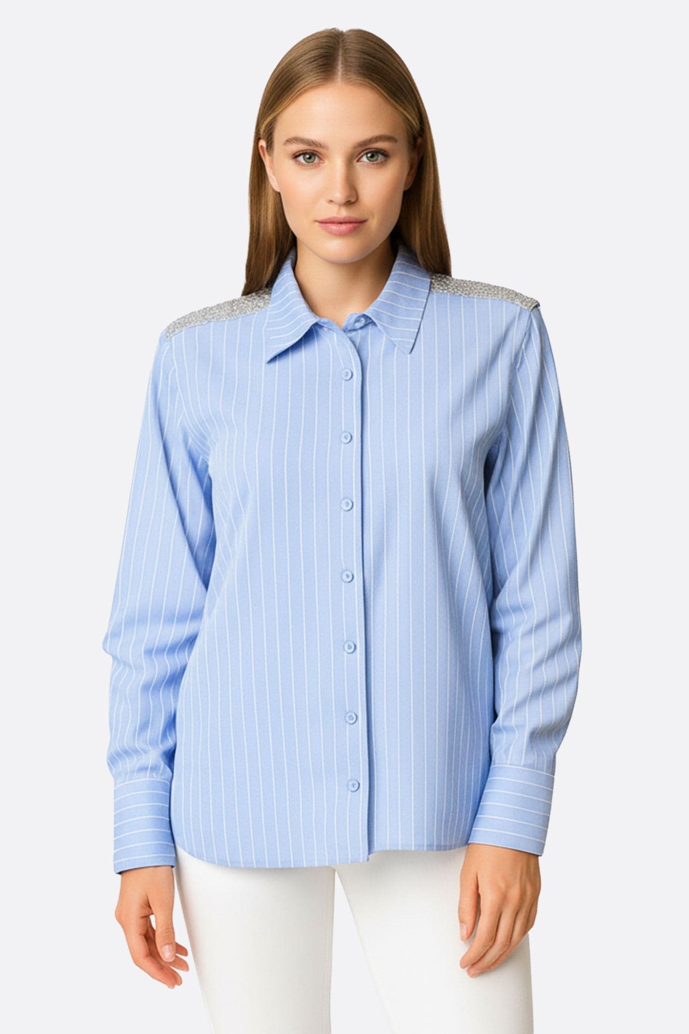 Light blue striped shirt with sparkling shoulder details, a perfect choice for elegant outings or casual office wear.