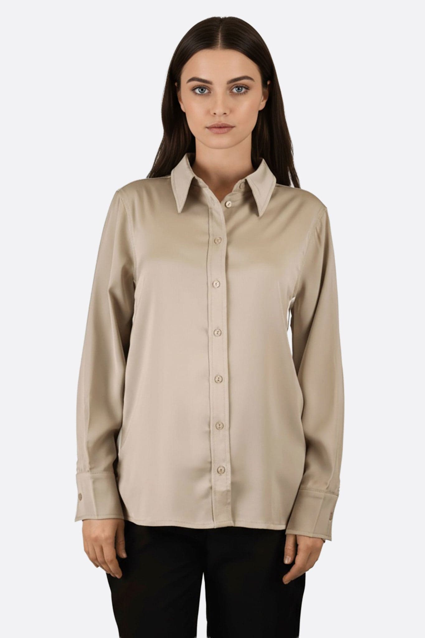 Elegant long-sleeved beige shirt with contrasting band, perfect for chic office or evening wear