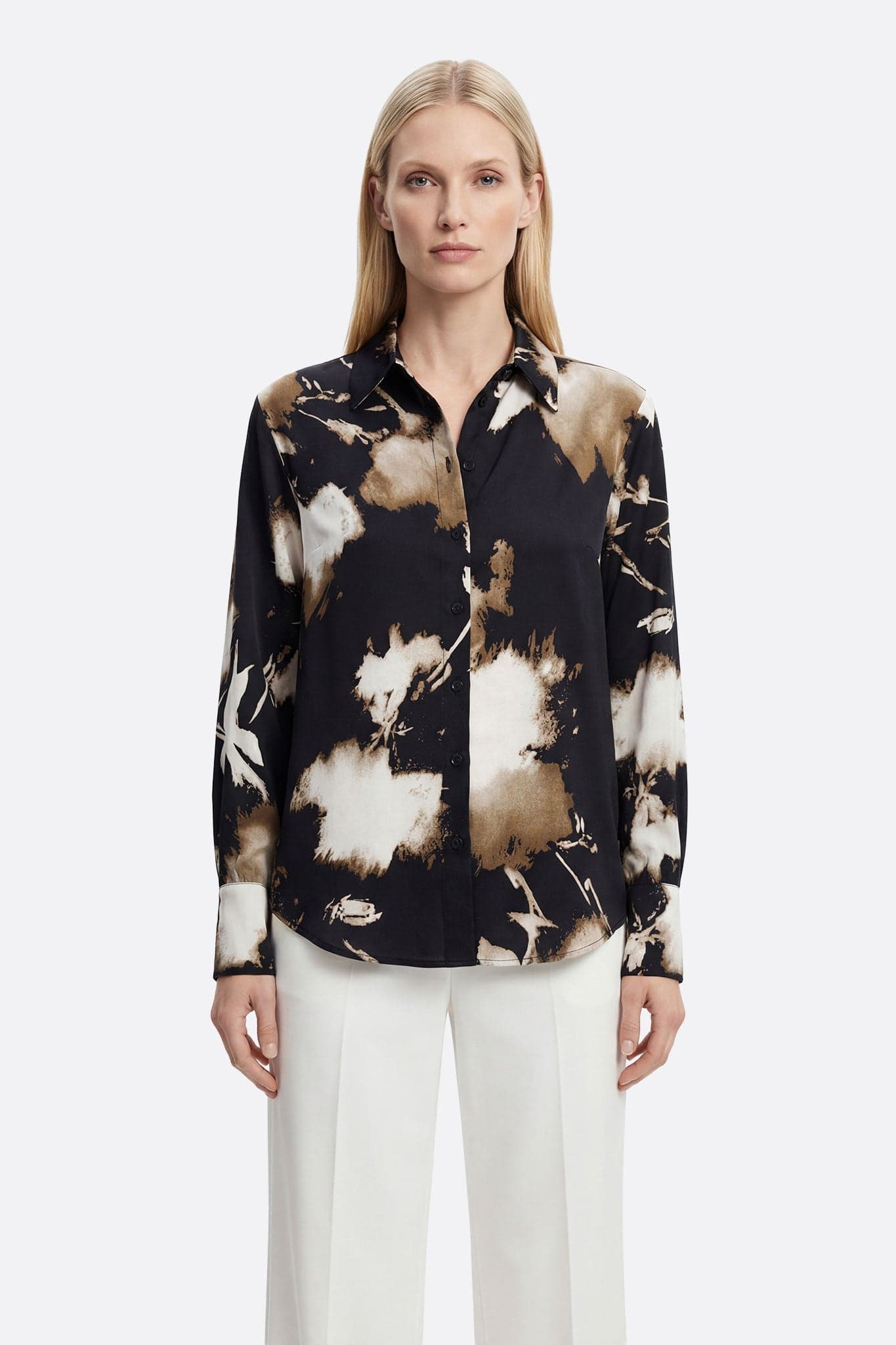 Black fluid viscose shirt with beige abstract print, ideal for an elegant everyday look or for a...