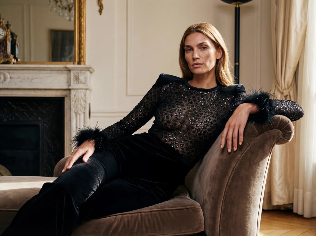 Combinaison femme noire en velours et tulle délicatement brodé de sequins.