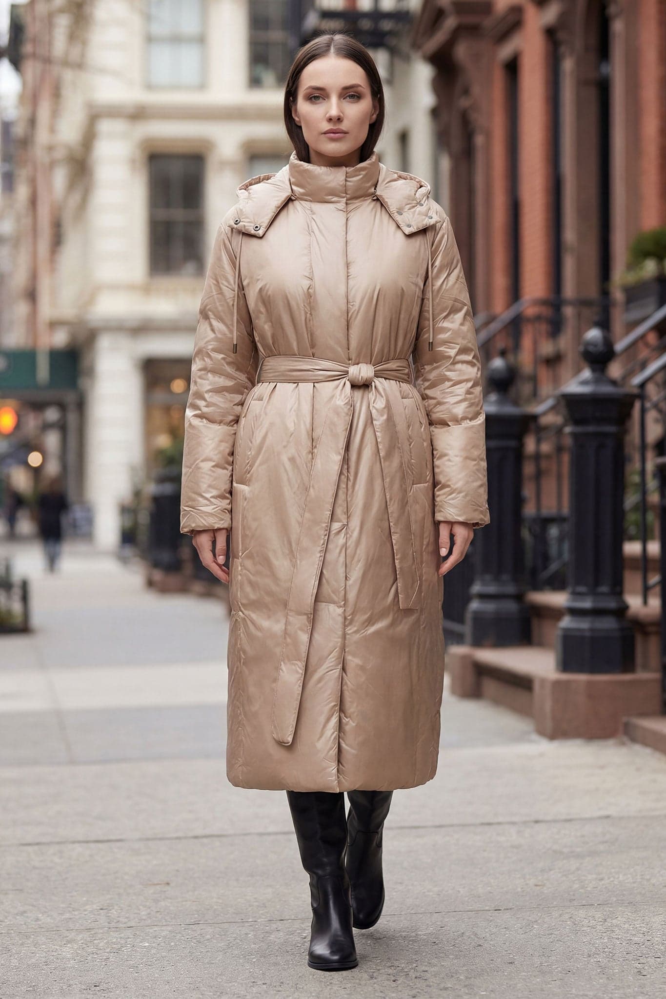 Dettaglio del piumino lungo beige perlescente, cintura che segna il punto vita e tessuto satinato, perfetto per un look raffinato...