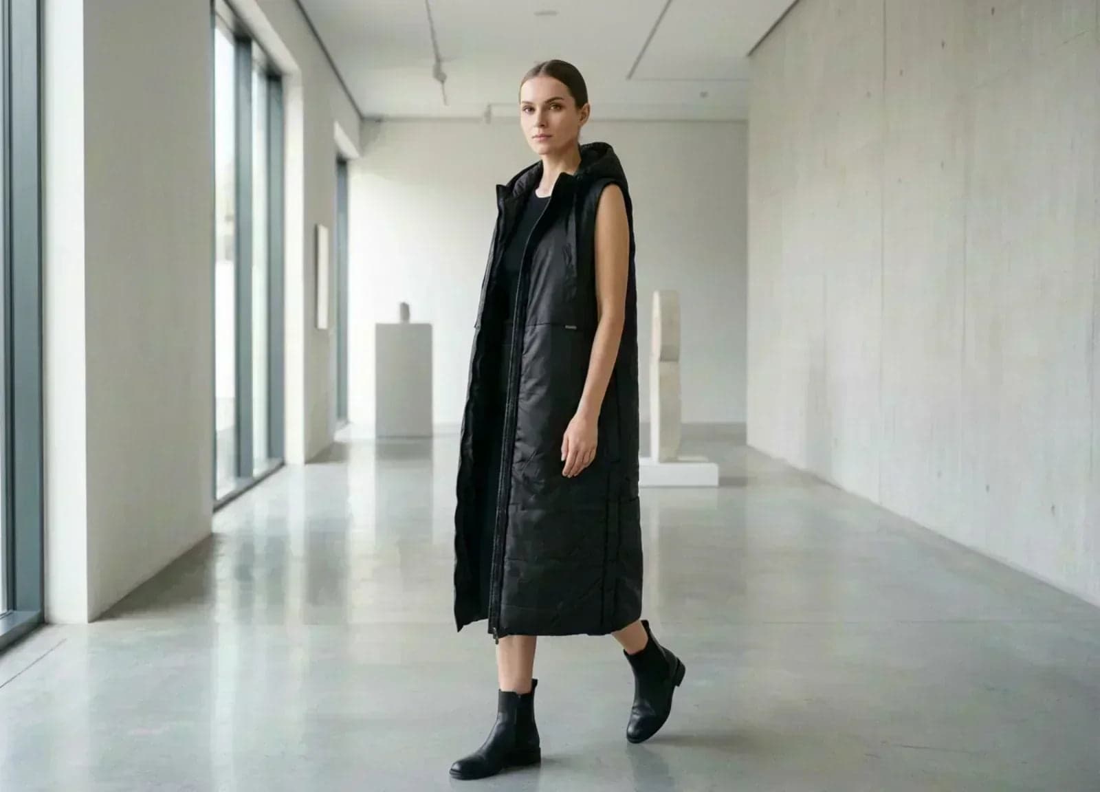 Mannequin femme en gilet matelassé long noir et bottines, dans une galerie d'art moderne