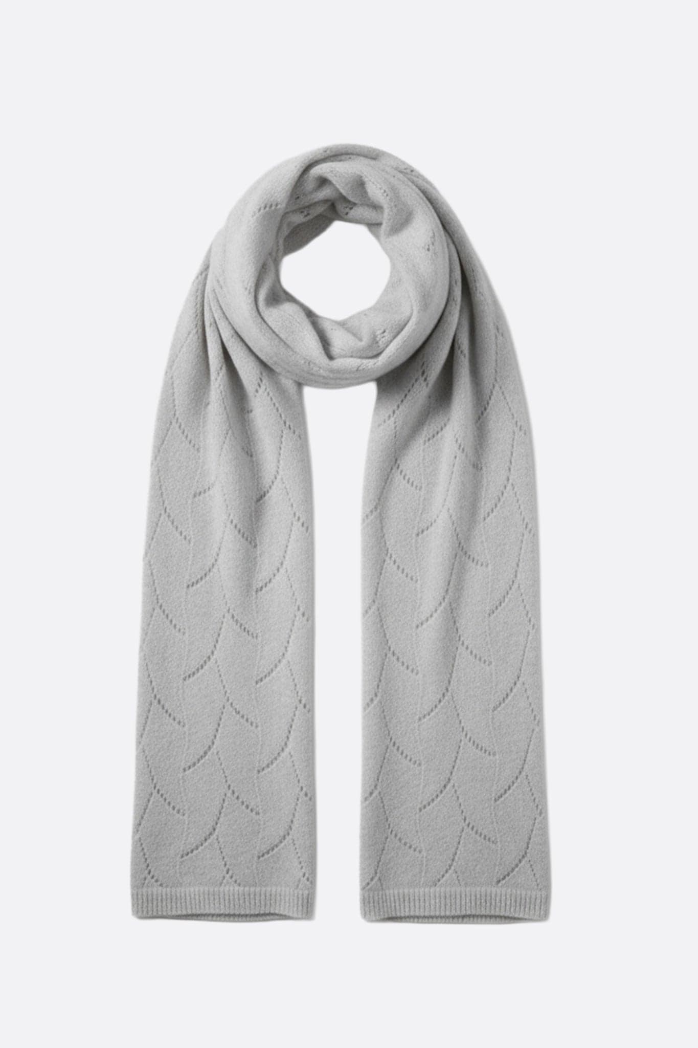 Elegante graue Kaschmirschal mit durchbrochenem Strickdesign, perfekt für schicke Abendveranstaltungen oder im Büro.