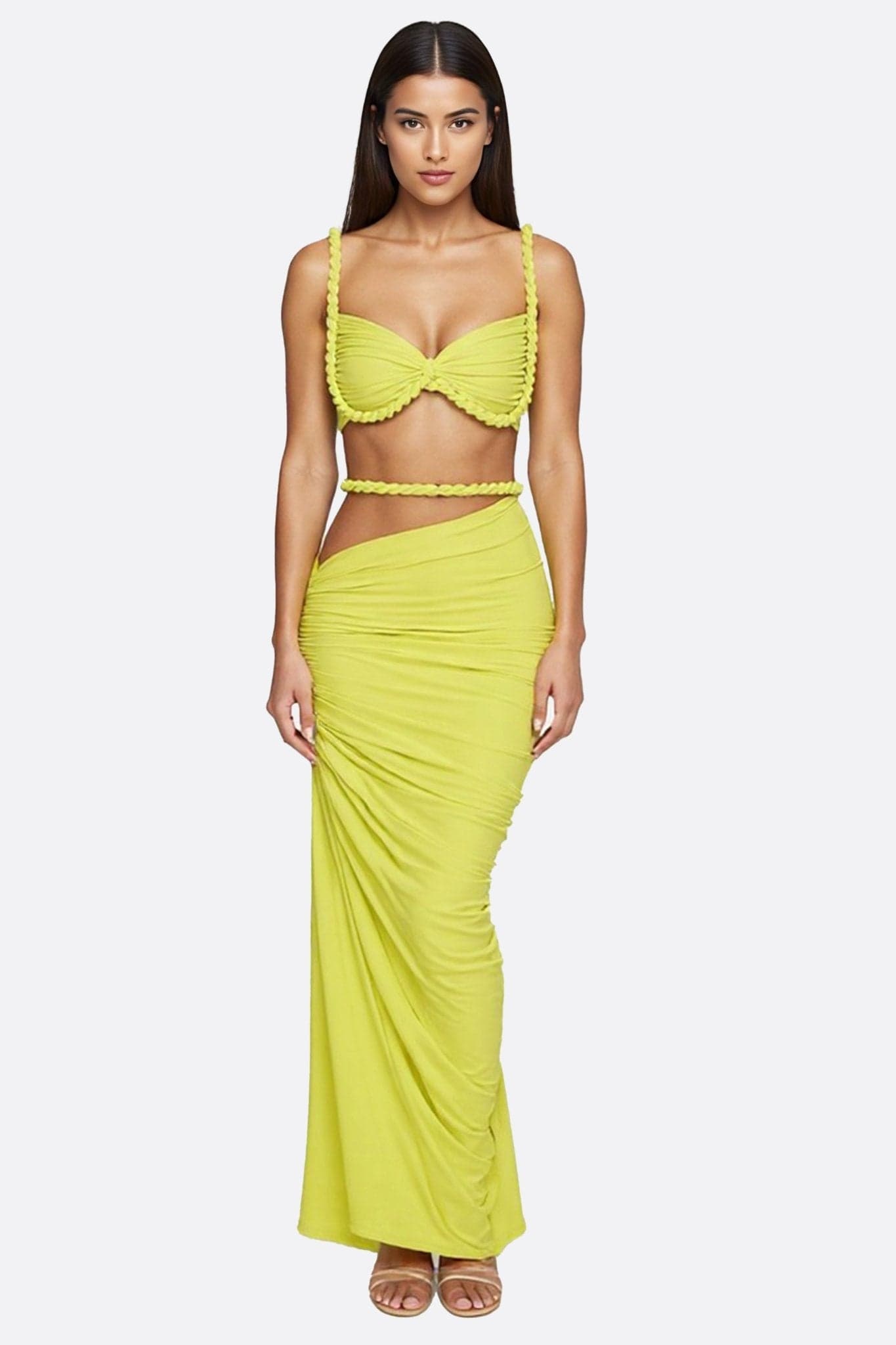 Lime green draped beach set, asymmetric long skirt, chic and bright, perfect for sunny days.