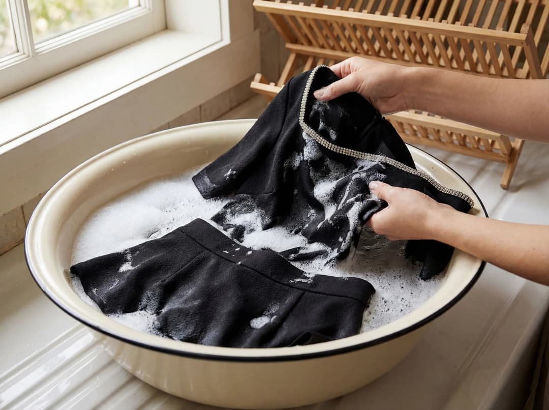 Laver à la main une combinaison femme noire délicate pour un entretien soigné.