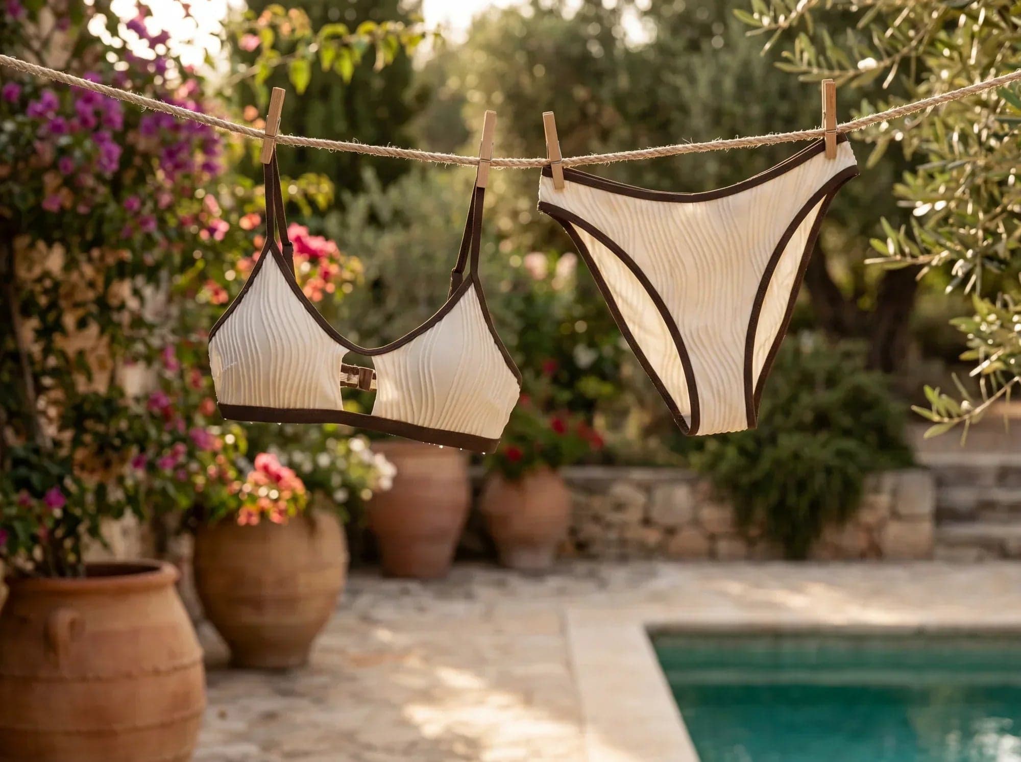 Maillot de bain femme suspendu à l’ombre pour sécher, préservation de l’élasticité et de la forme