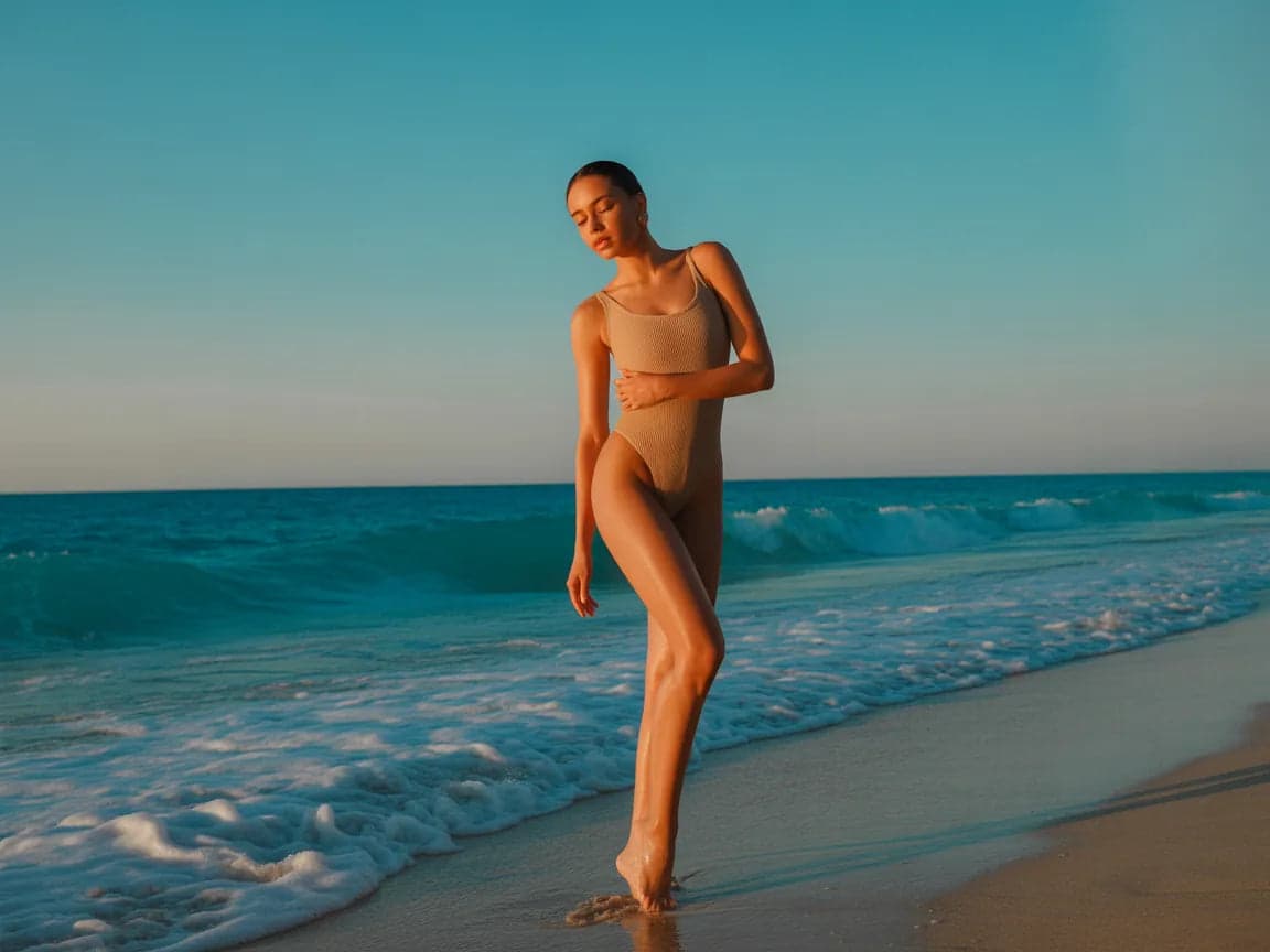 Mannequin en maillot de bain beige sur une plage de sable fin au bord de l'océan turquoise