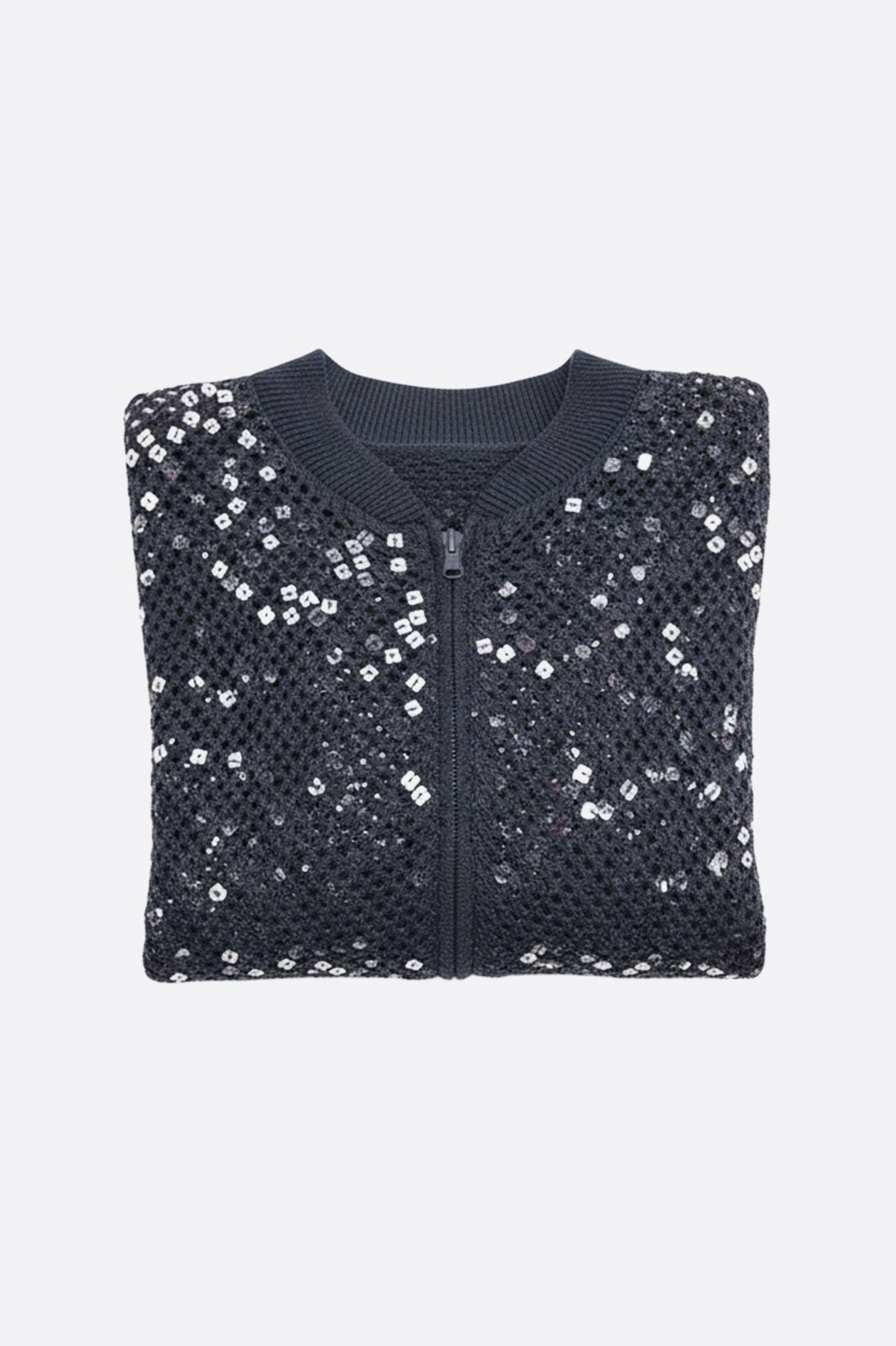 Graue Lochweste aus Leinen und Baumwolle mit glänzenden Pailletten, perfekt, um Ihrem Outfit einen Hauch von Eleganz zu verleihen.