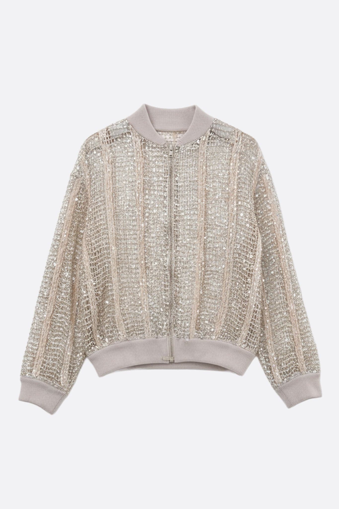 Champagne openwork bomber vest in linen and silk, showcasing shiny sequins for a glamorous and elegant touch.
