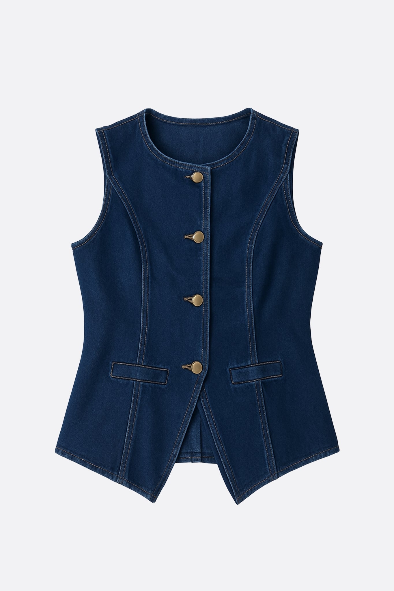 Refined texture of a fitted denim vest, exemplifying a chic, modern allure, ideal for an evening out