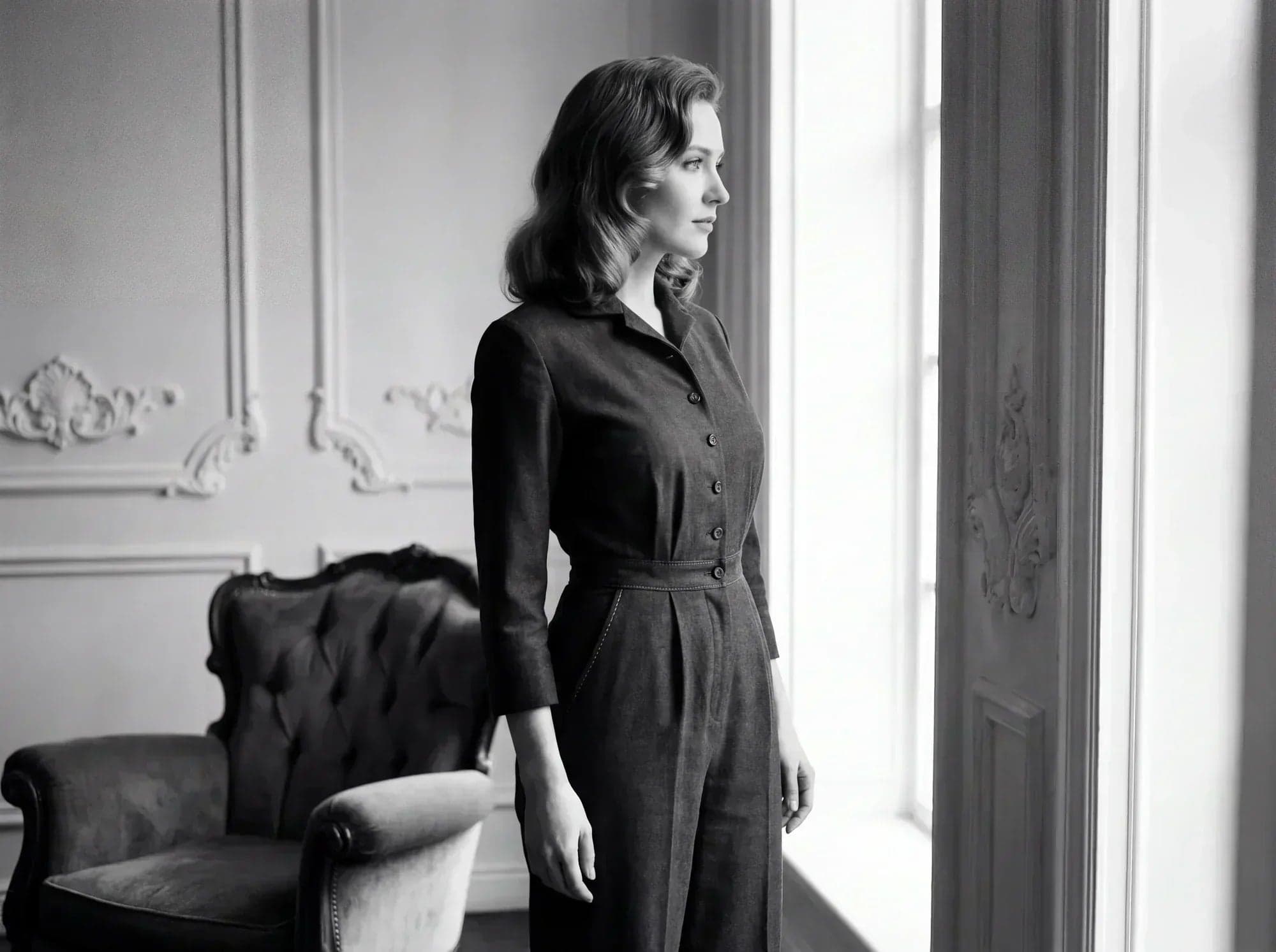Femme élégante portant une combinaison historique, illustration de l’histoire de la mode féminine.