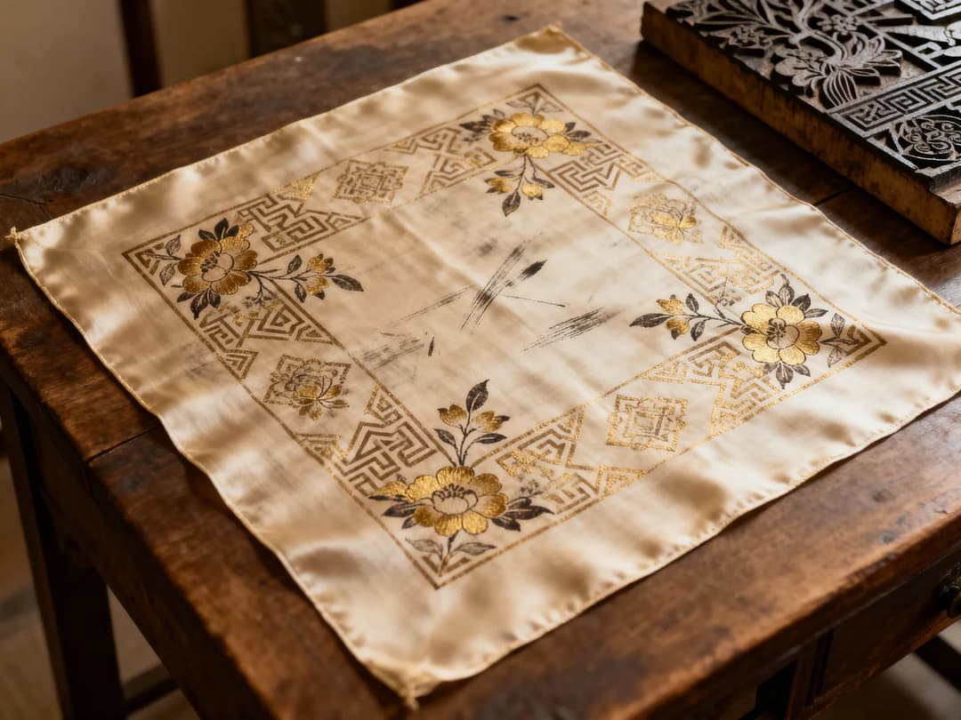 Antique silk square that is printed with a flat technique.