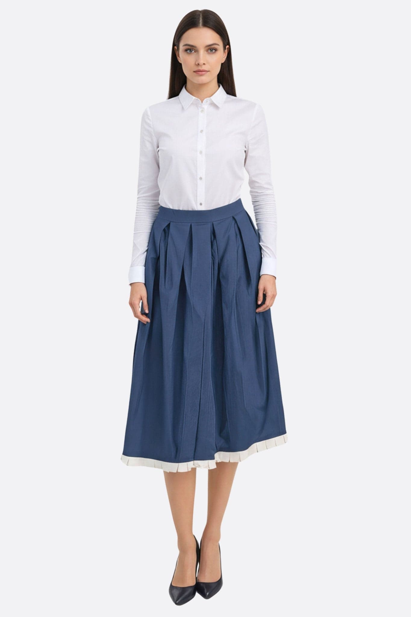 Front view of the chic navy blue pleated midi skirt adorned with a delicate cream contrast hem, perfect for polished outings.
