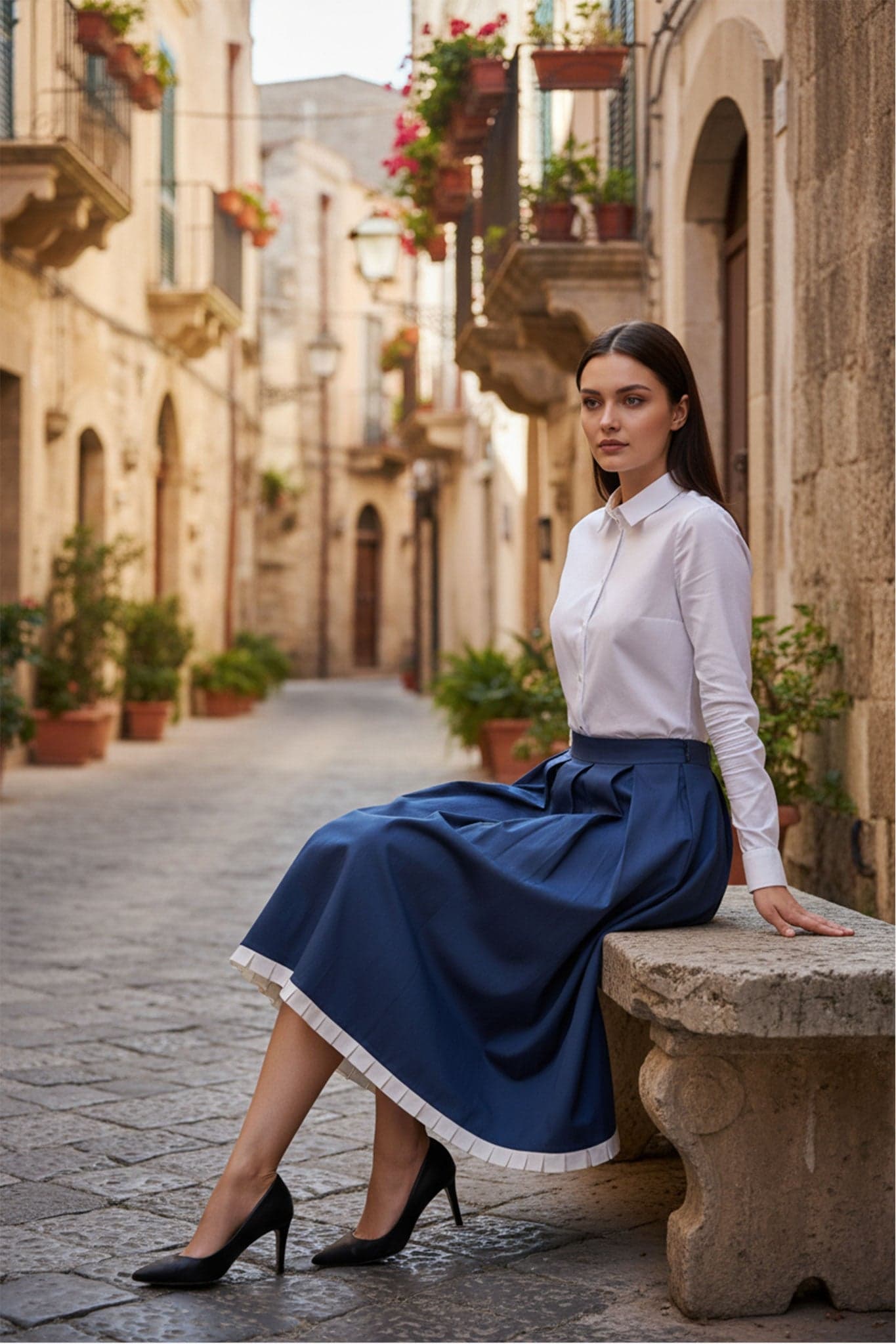 Detail of the navy blue pleated skirt with delicate ecru trim, perfect for an elegant silhouette on any occasion.