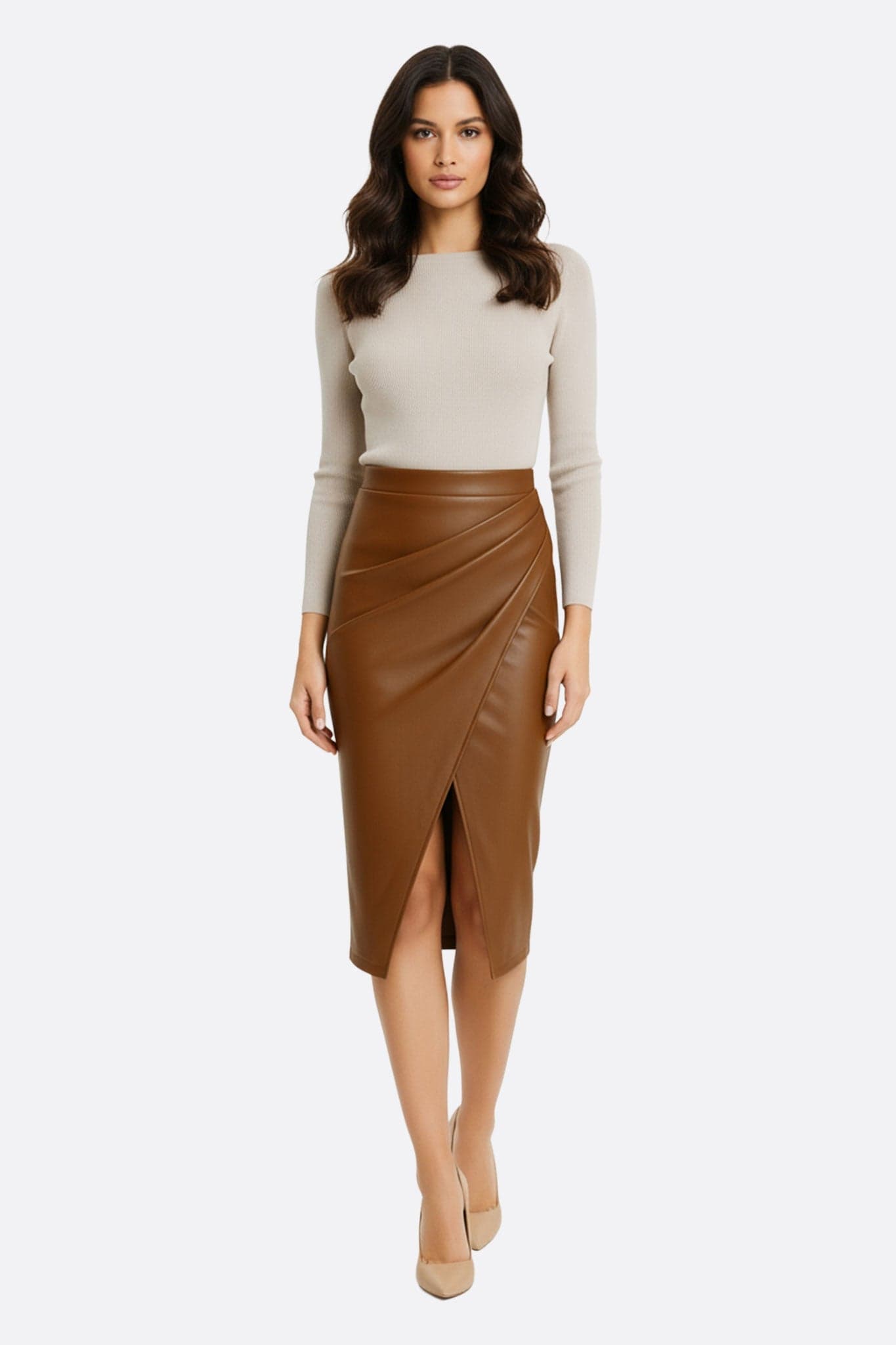 Gonna portafoglio midi in similpelle cammello, elegante e chic, ideale per un look deciso quotidiano