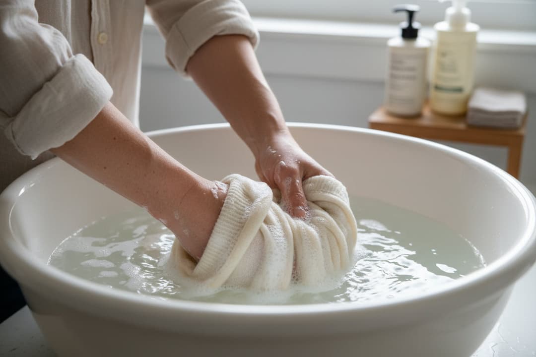 Lavage à la main d’un pull en cachemire dans une bassine d’eau froide