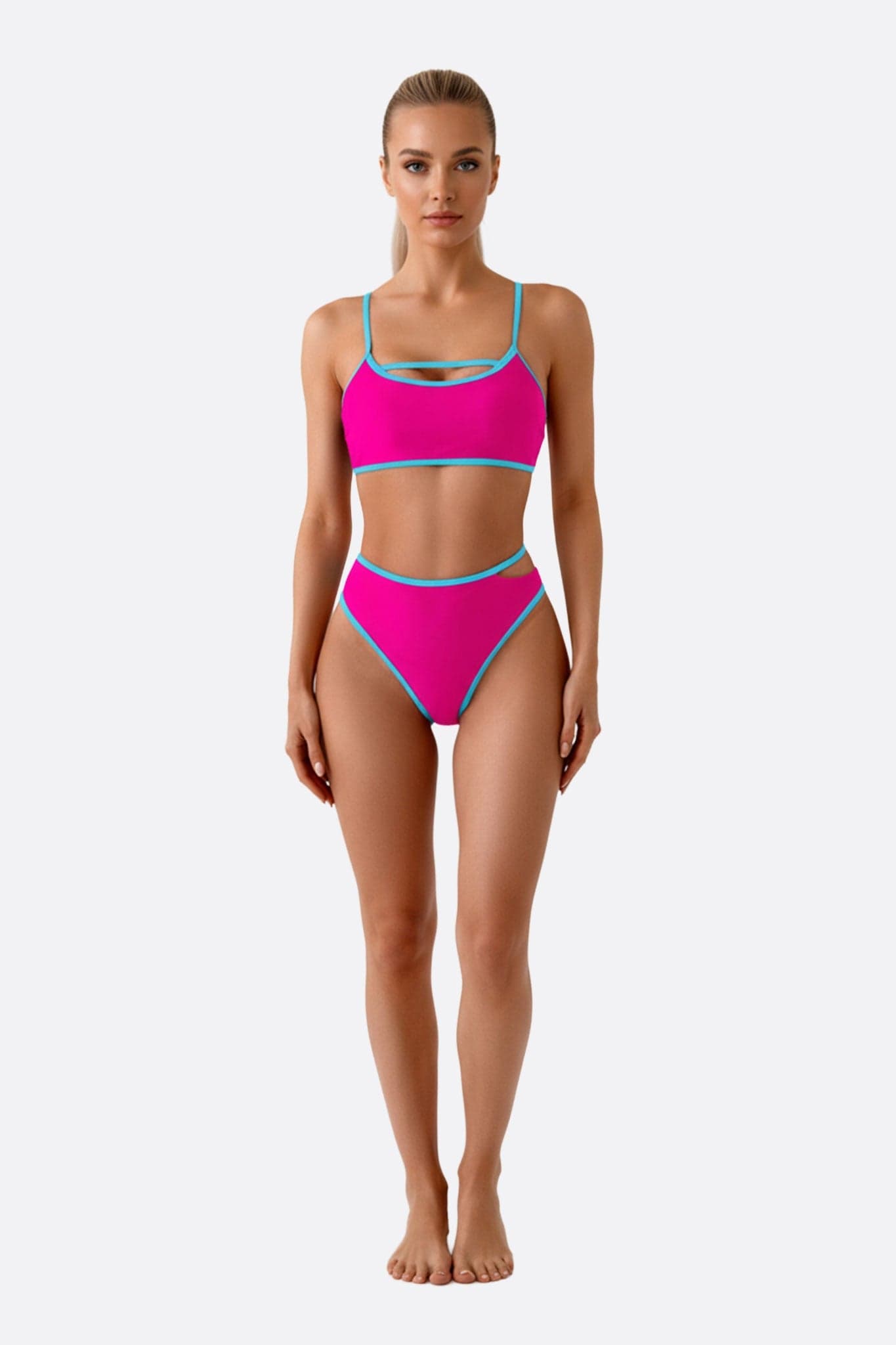 Fuchsia high-waist bikini with turquoise blue accents, perfect for a sunny day at the beach.