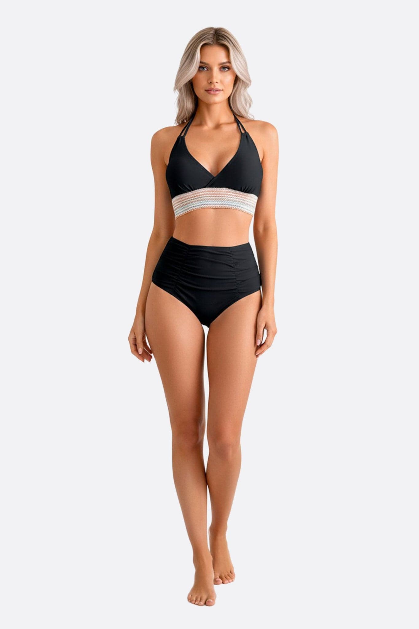 Eleganter schwarzer Bikini mit hohem Bund und bunten Details, ideal für Strandtage oder Poolpartys.