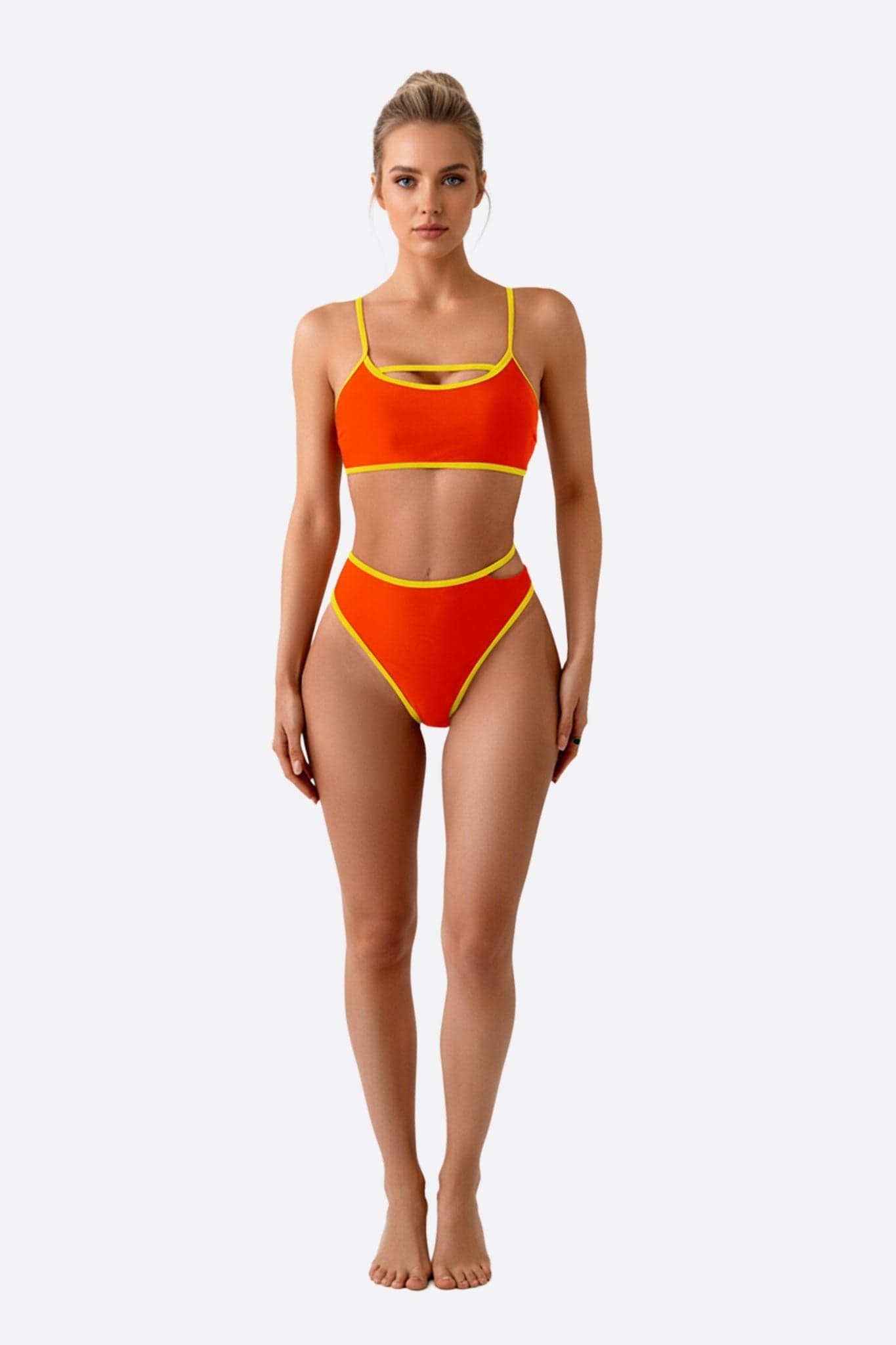 Chic high-waisted orange bikini with yellow accents, perfect for stylish summer days by the pool or beach.