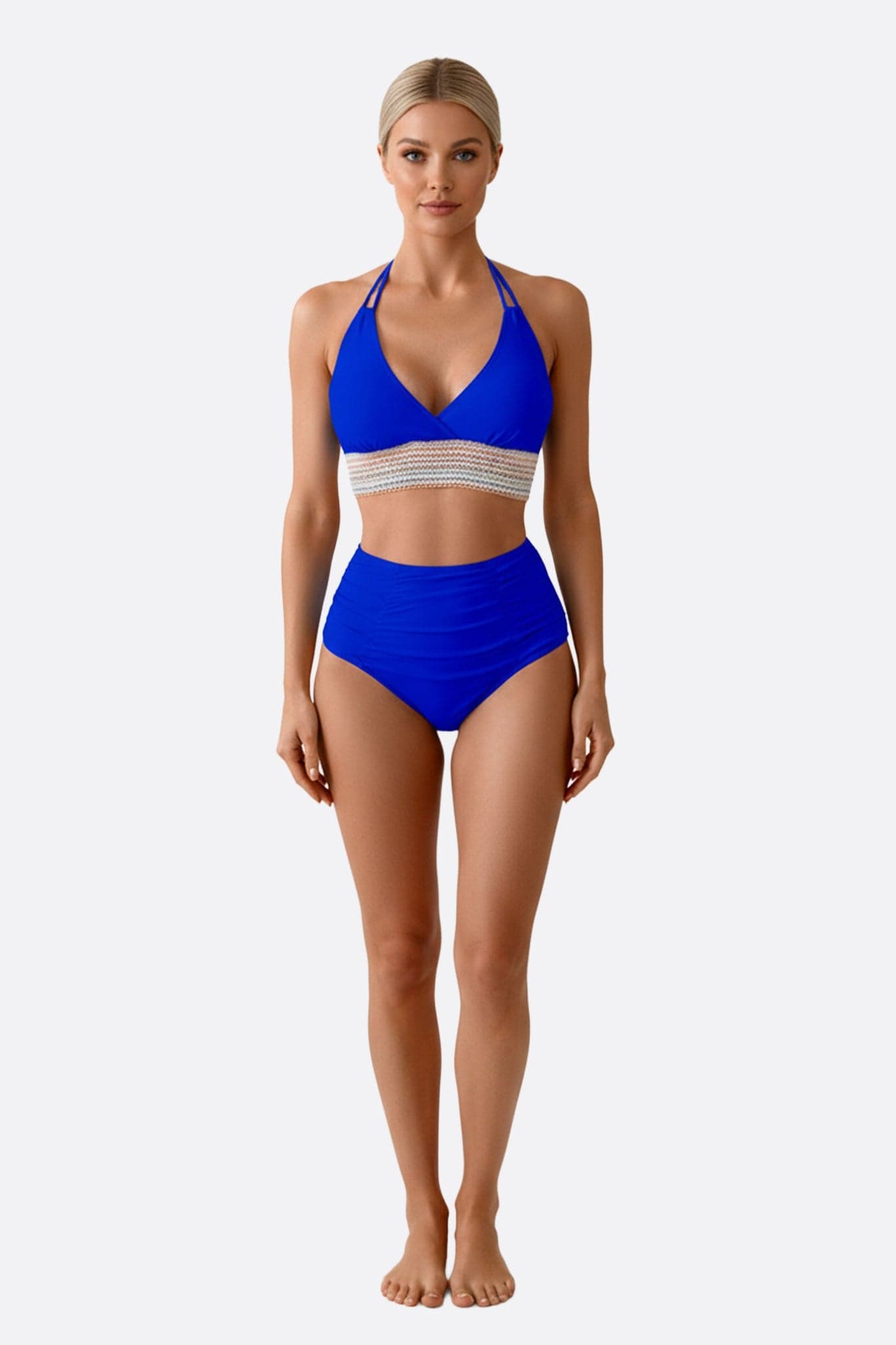 Elegantes blaues Bikini mit mehrfarbigem Streifen, perfekt für sonnige Tage am Strand oder Pool.