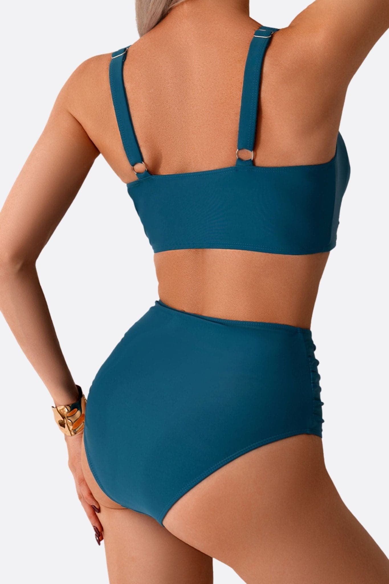 Twisted petrol blue two-piece swimsuit, alternative view highlighting the neckline and elegant design.