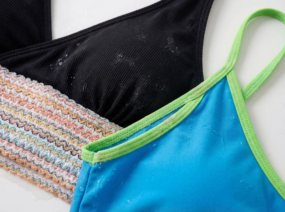 Maillot de bain femme endommagé par le chlore, le sel et les rayons UV, montrant un tissu décoloré, légèrement froissé et moins élastique après plusieurs baignades, zoom sur les détails de la matière pour illustrer le vieillissement.