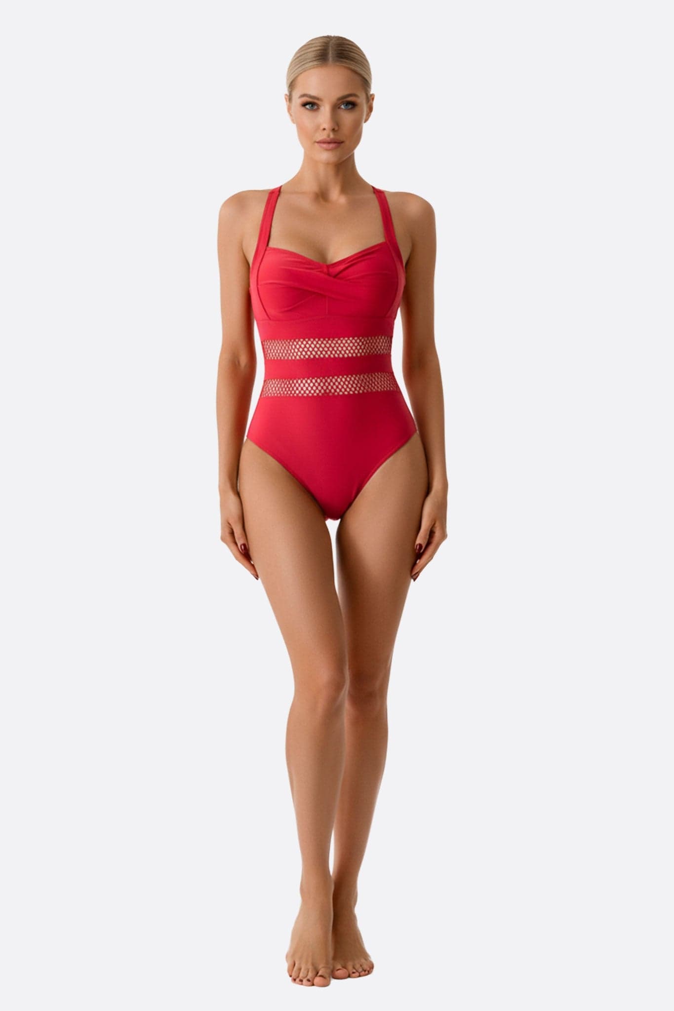 Costume intero rosso chic con rete, perfetto per giornate soleggiate in spiaggia.