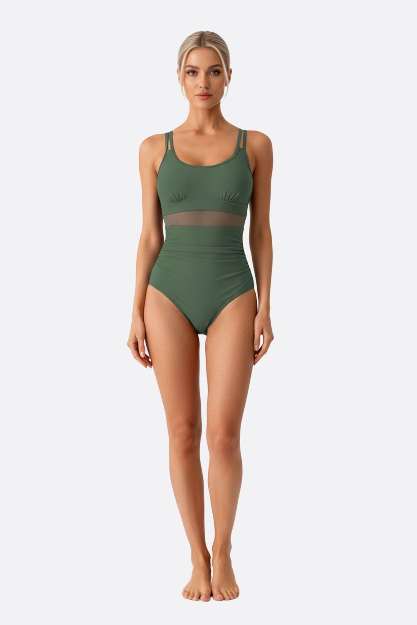 Eleganter einteiliger Badeanzug in khaki mit raffinierten Netzdetails, perfekt für stilvolle Sommertage am Strand.
