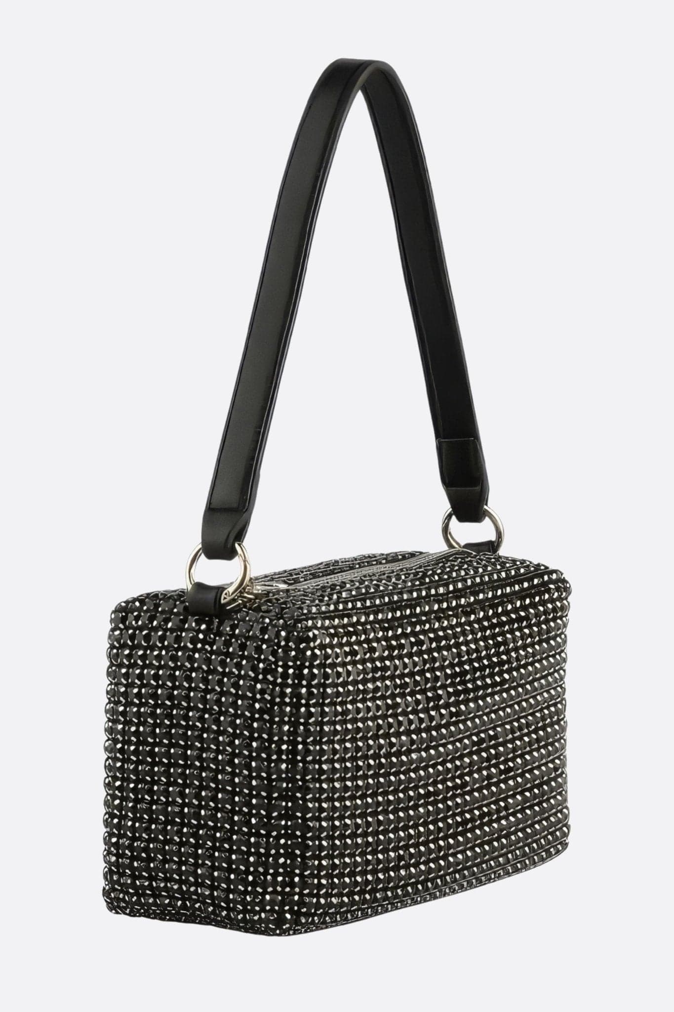 Detail der rechteckigen Mini-Tasche mit schwarzen Strasssteinen, Handle und Schulterriemen, ideal als Accessoire für einen glamourösen Abend.