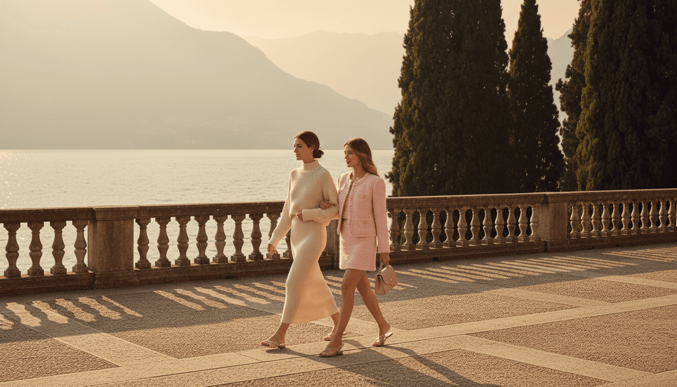 Deux femmes élégantes en tenues italiennes chics, marchant le long d'un lac montagneux au coucher du soleil