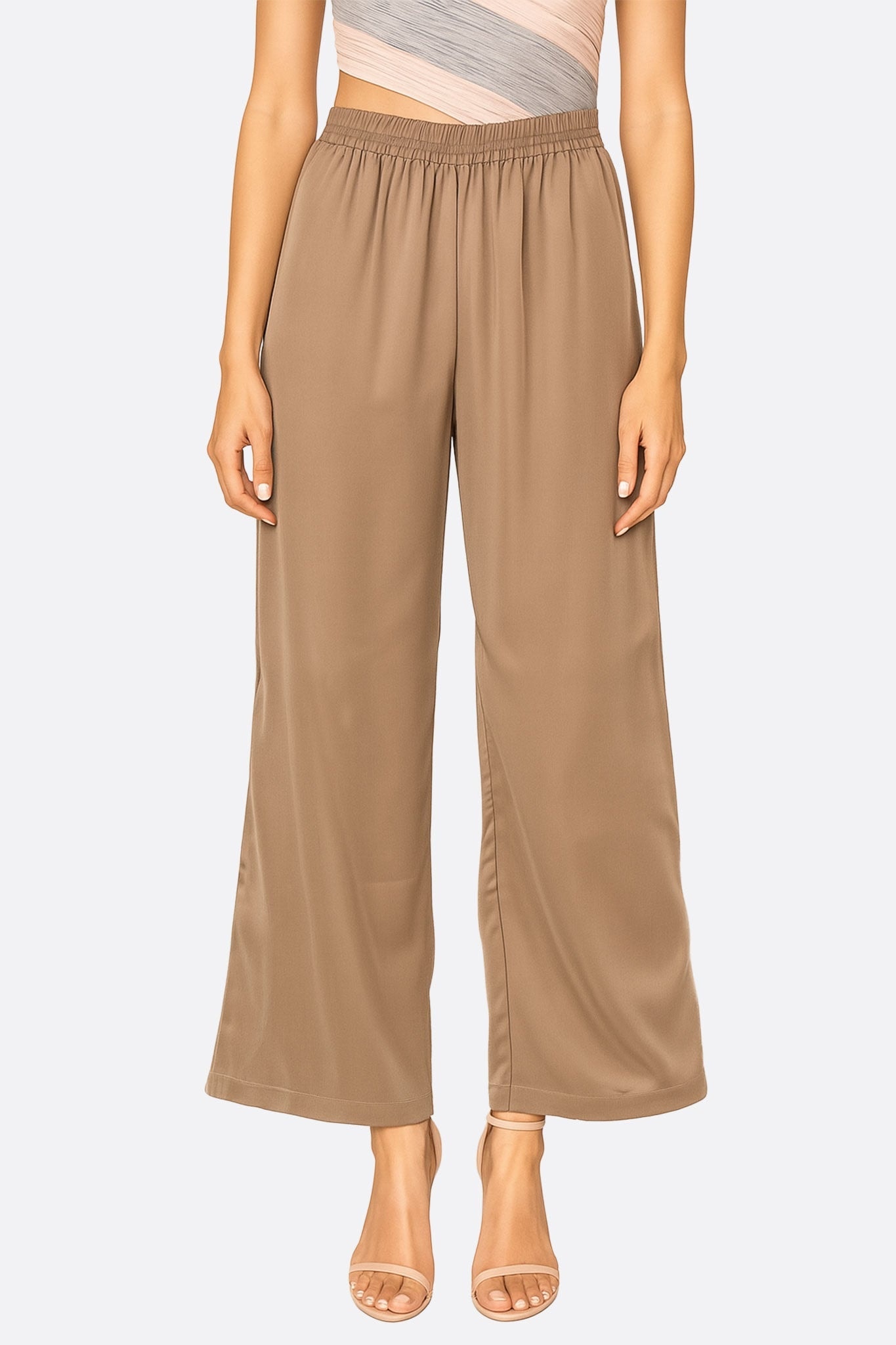Fluid taupe trousers with a straight cut, light satin fabric perfect for a chic evening or an elegant office look.
