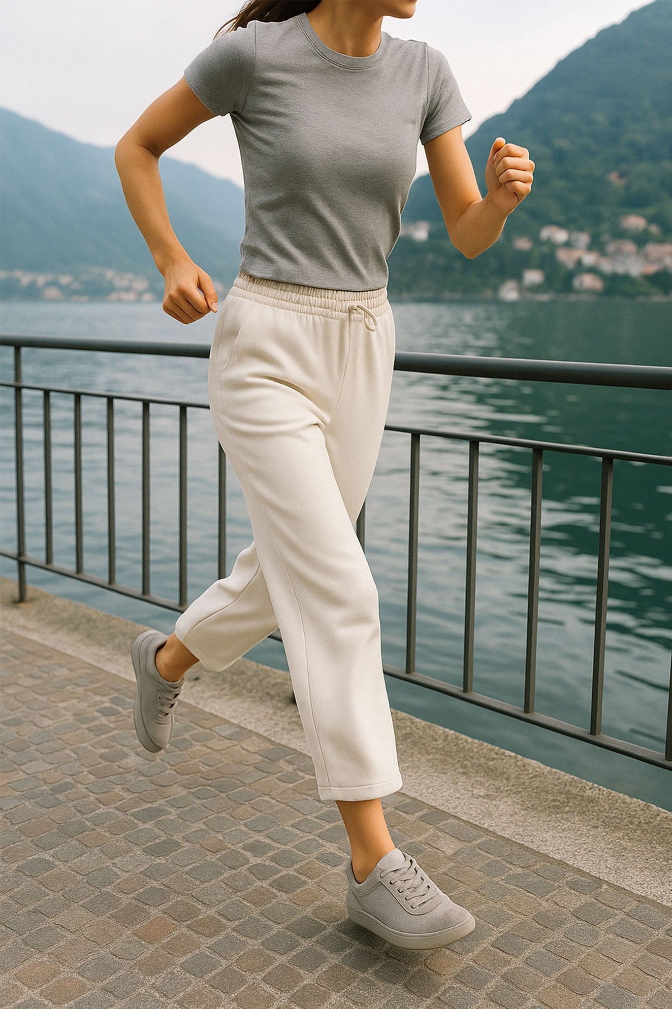 Detailed view of the white 7/8 lounge pants in technical fabric, modern silhouette for a casual and refined style.