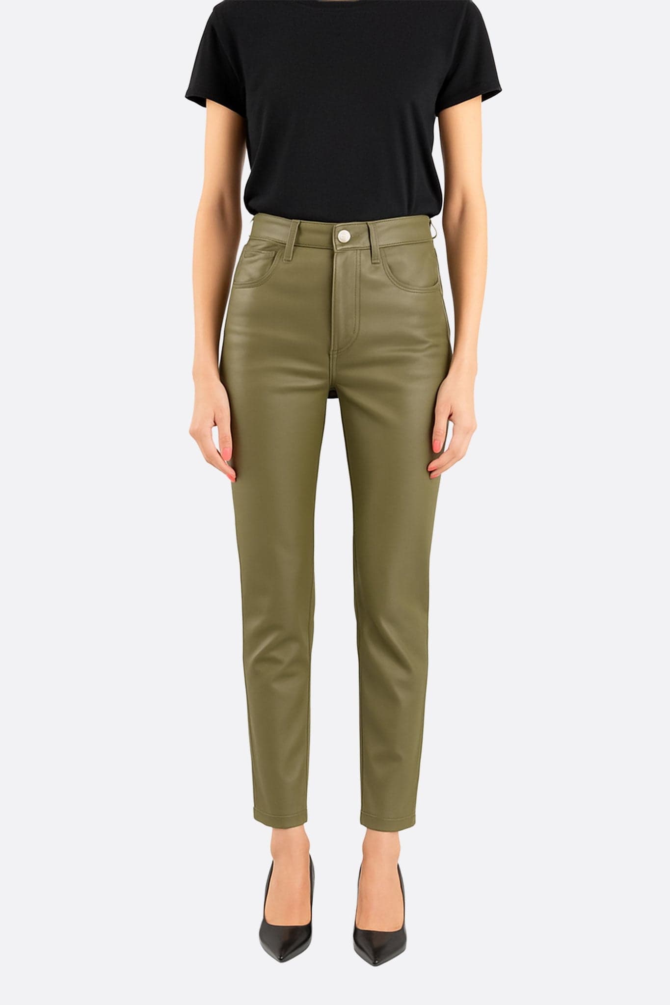 Pantalón de talle alto en similicuir verde kaki, ideal para un look atrevido y moderno, perfecto para cualquier ocasión.