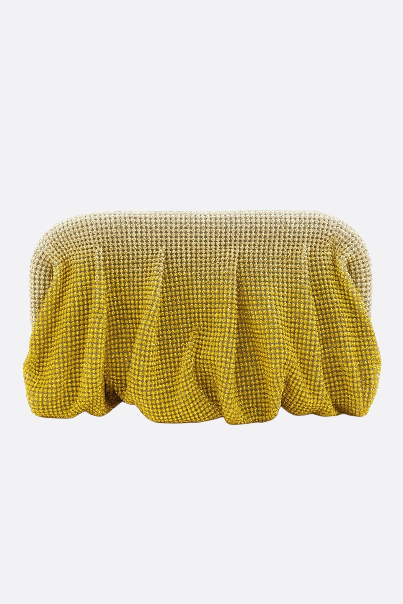 Pochette élégante nuage en dégradé beige et jaune ornée de cristaux, parfaite pour une soirée raffinée.