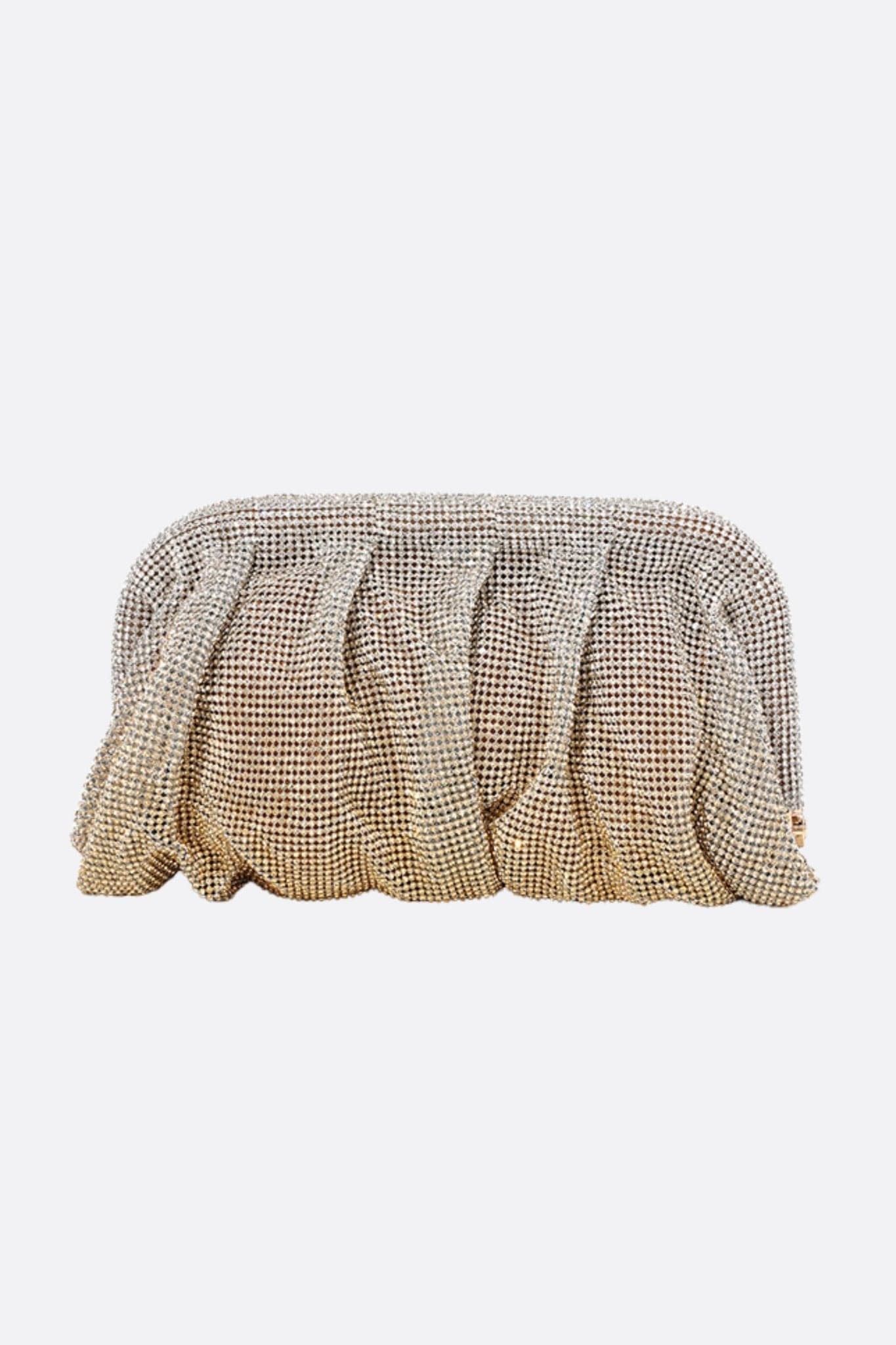 Pochette de soirée beige ornée de cristaux, parfaite pour une soirée élégante ou un événement chic.
