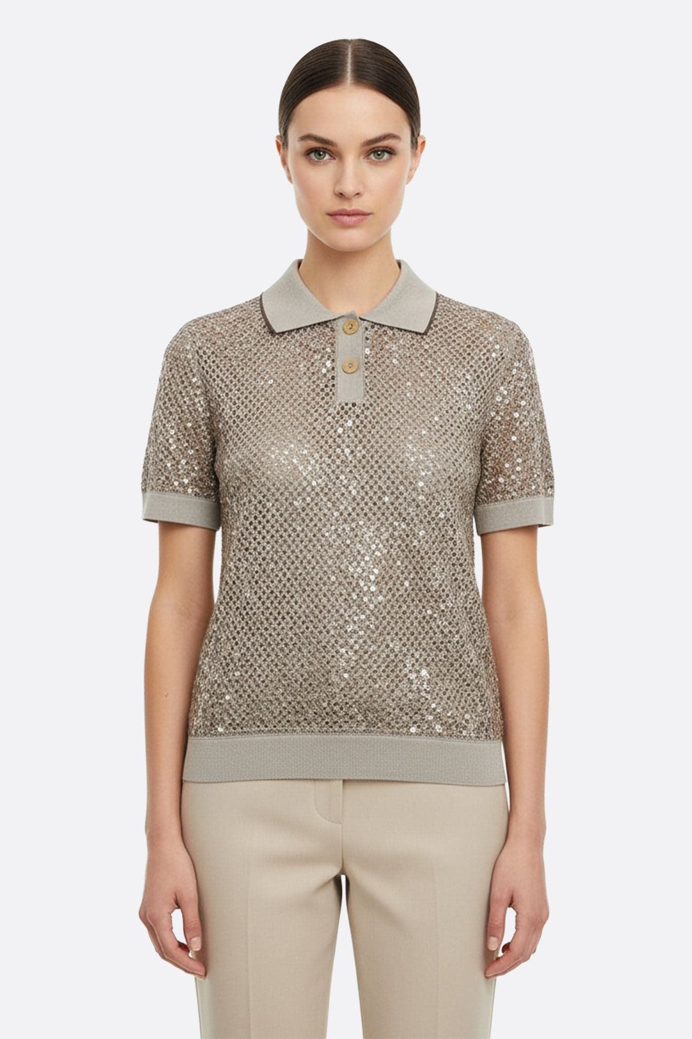 Sand beige short-sleeved polo in openwork knit, enriched with tone-on-tone sequins, ideal for refined summer events.