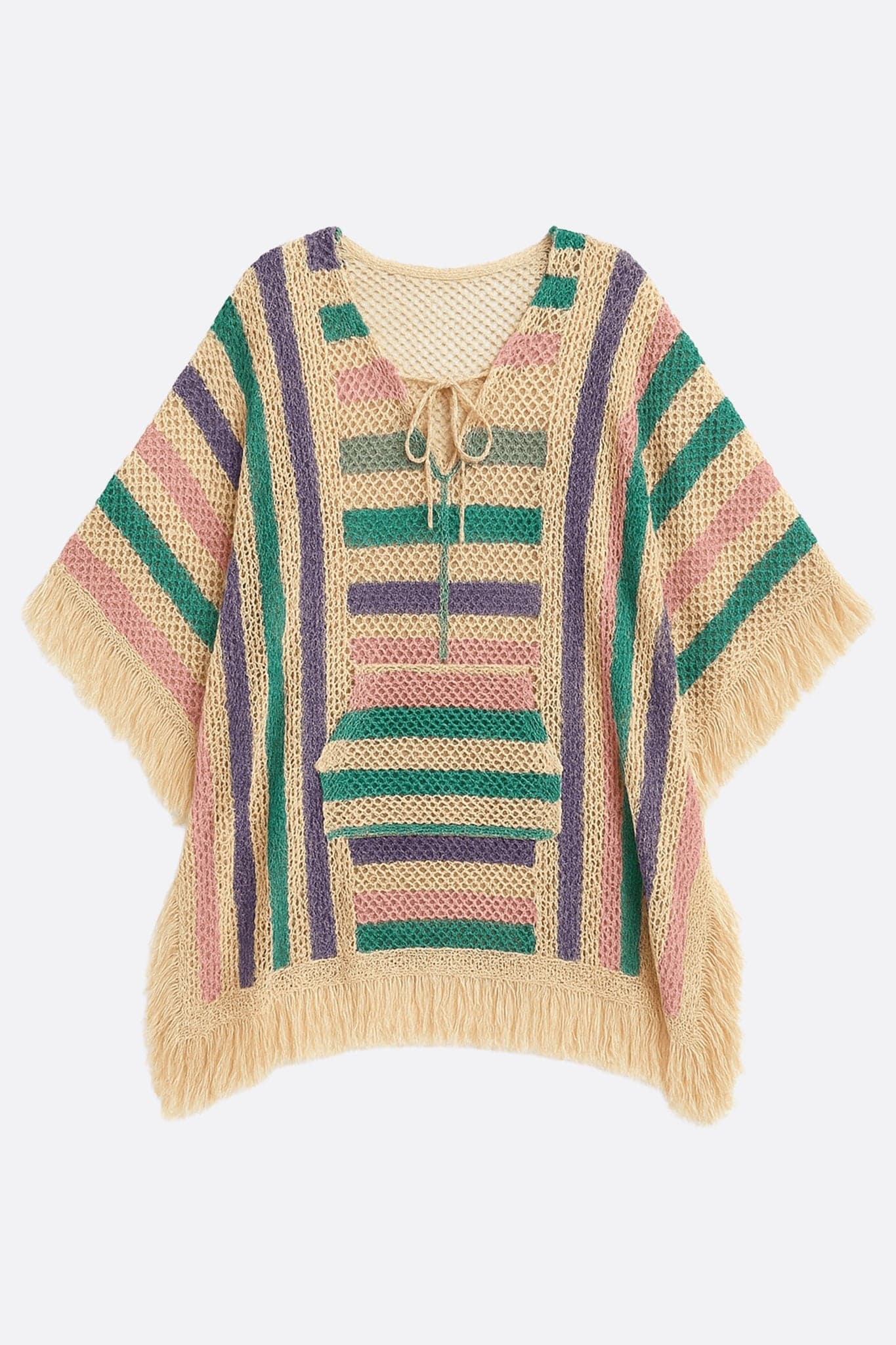 Details of the beach poncho in colorful crochet knit with hood, perfect for a chic summer vibe by the water.