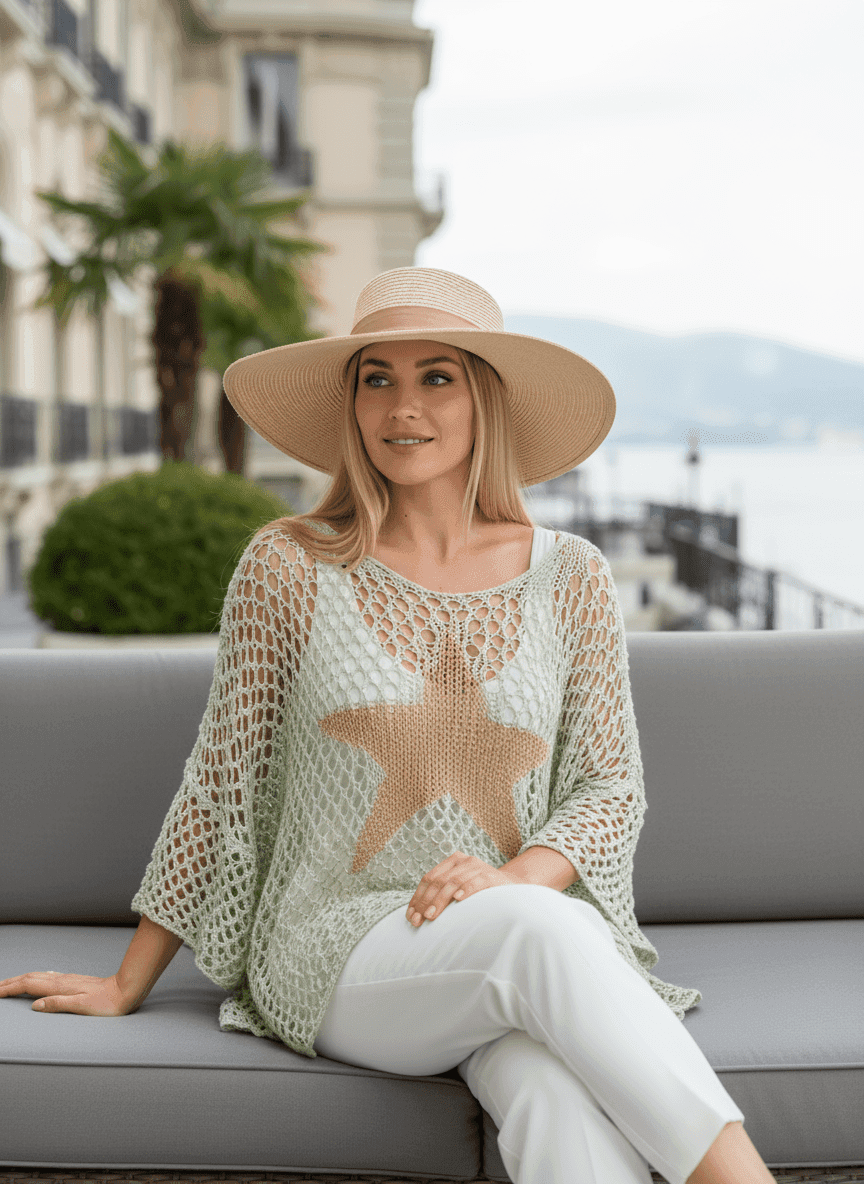 Feine Textur des türkisfarbenen Lochmuster-Ponchos, Sternmotiv, ideal für einen eleganten Sommerabend.