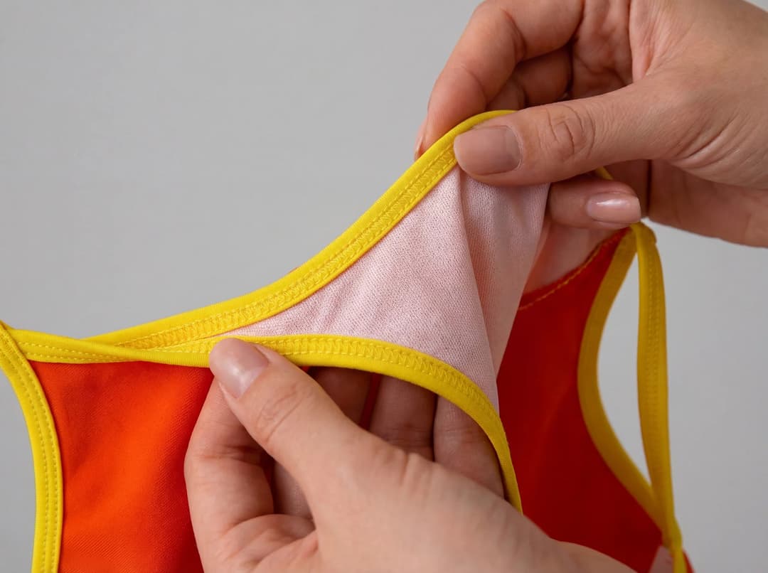 Femme inspectant les coutures d’un maillot de bain, vérifiant la qualité et la finition du tissu.