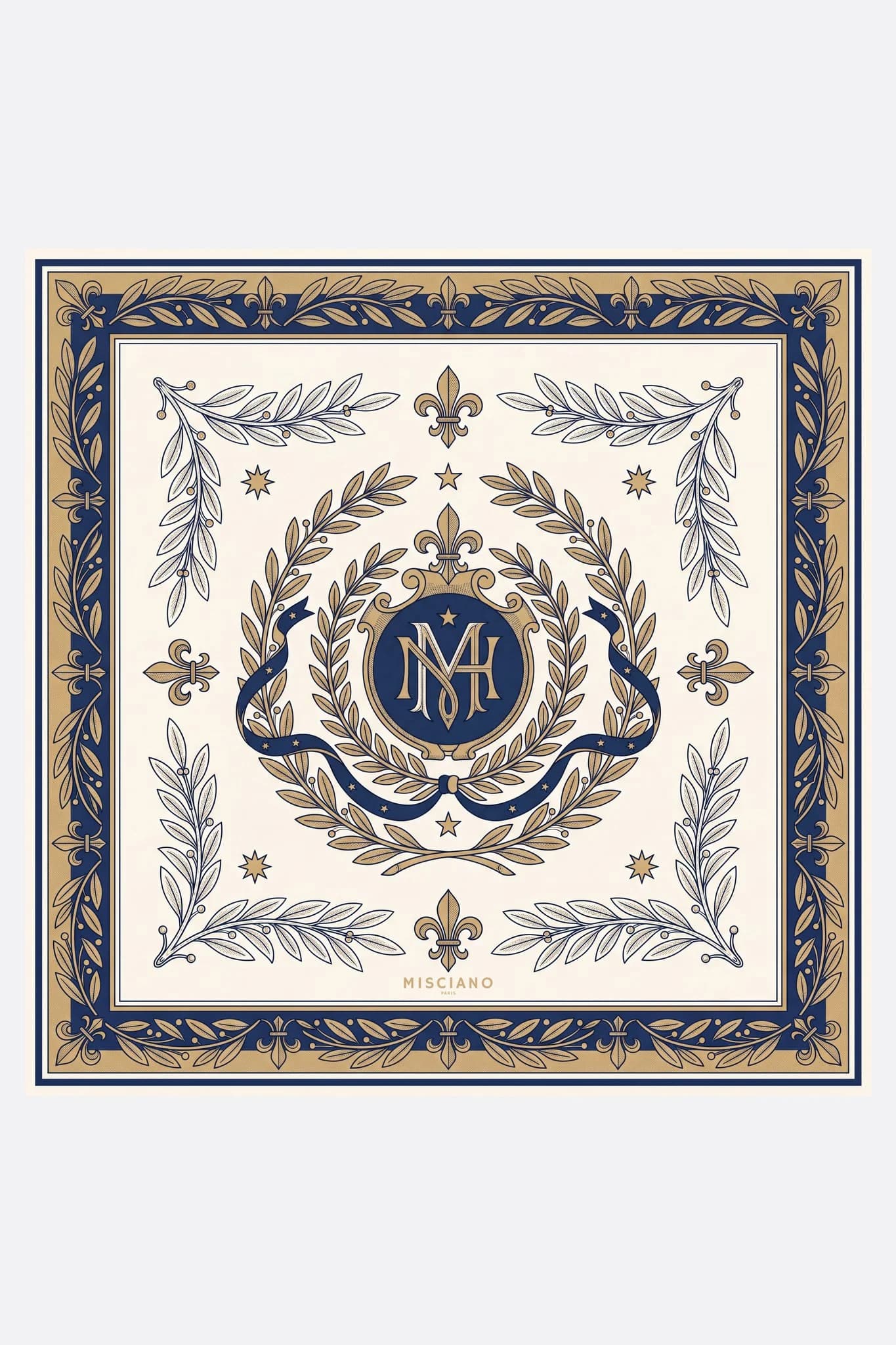 Seidenschal 70 Mitternachtswappen Misciano flach, vollständiges Design: ein nachtblaues Medaillon mit Monogramm