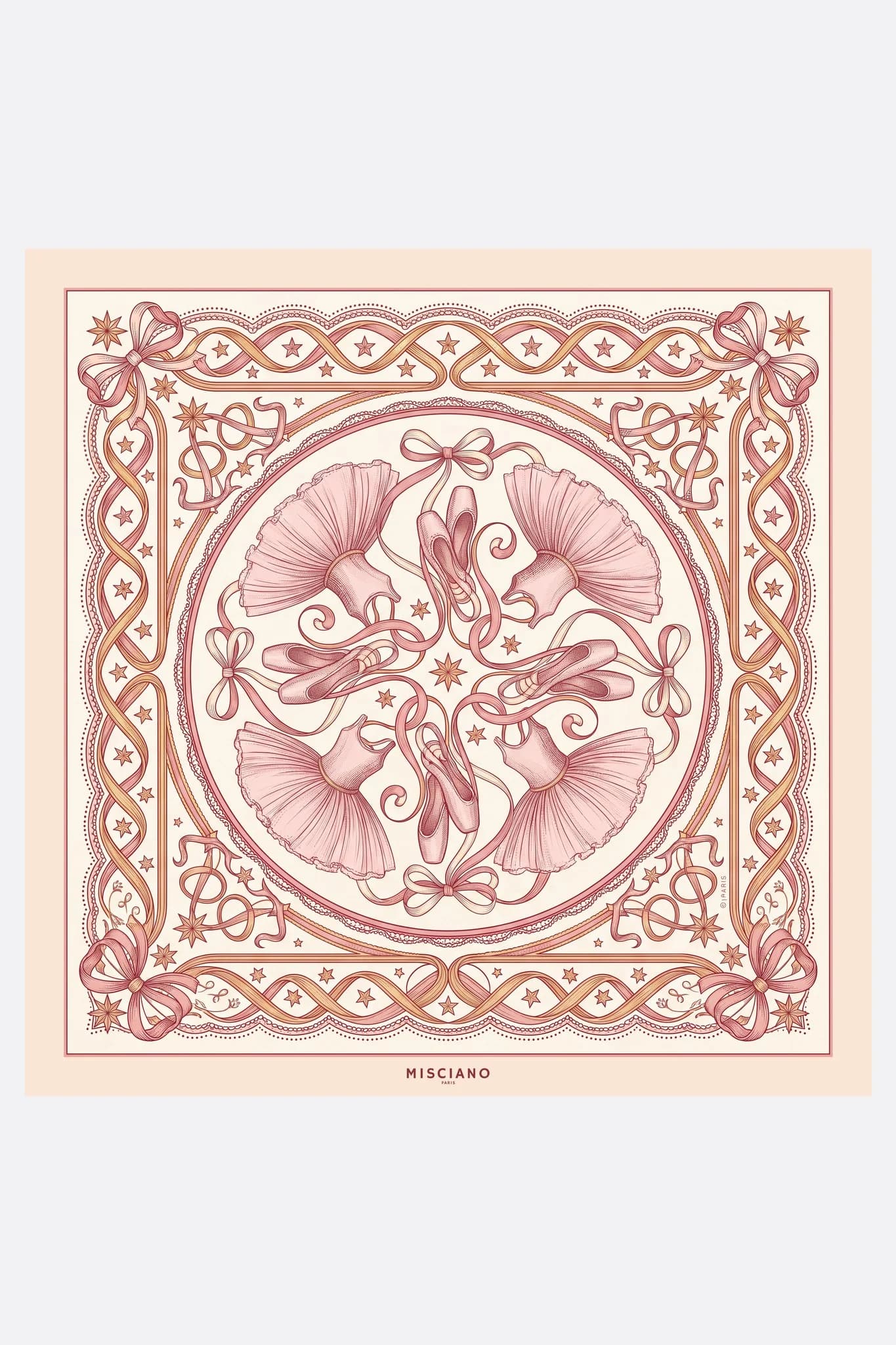 Silk scarf 70 Ballet Stars Misciano flat, full design: powder pink pointe shoes