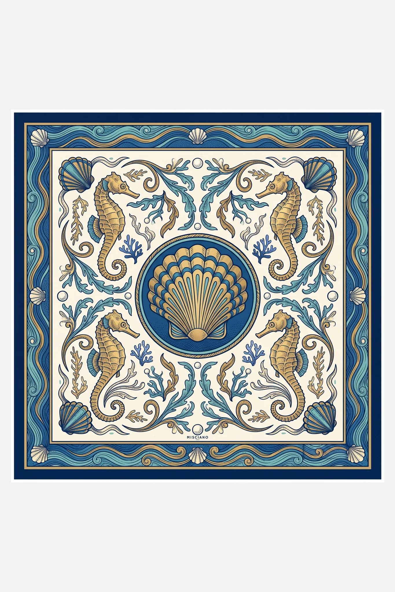 70er Seidenschal Goldene Seepferdchen Misciano flach, volles Design: goldene Seepferdchen