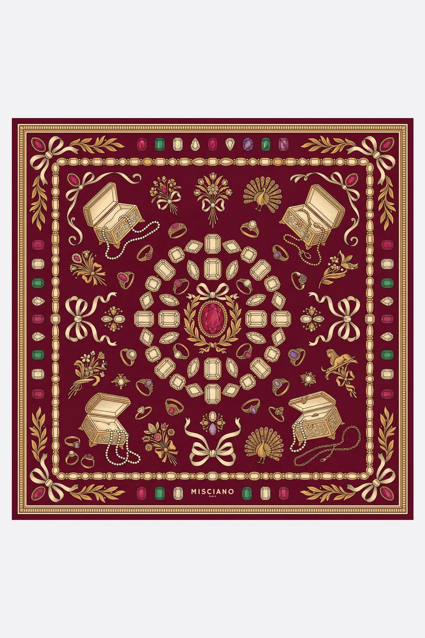 Seidenschal 70 Joyaux de grenat Misciano flach, vollständiges Design: auf einem tiefen Granathintergrund