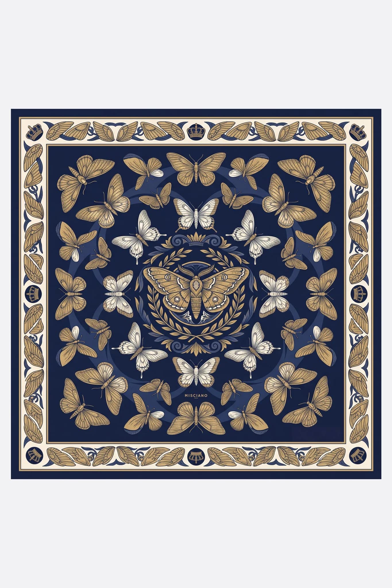 Seidenschal 70 Midnight Butterflies Misciano flach, vollständiges Design: auf einem mitternachtsblauen Hintergrund
