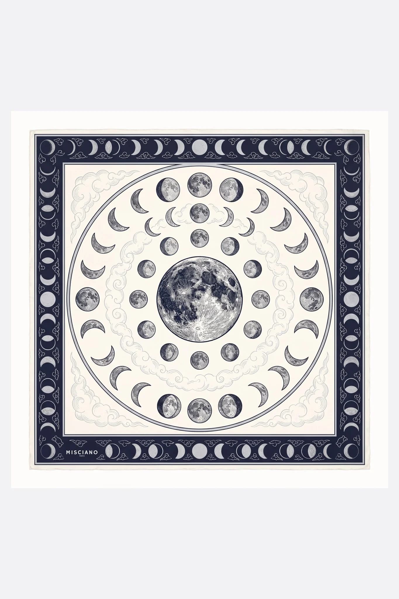 Seidenschal 70 Phases de la lune Misciano flach, vollständiges Design: ein eingravierter Vollmond in der Mitte
