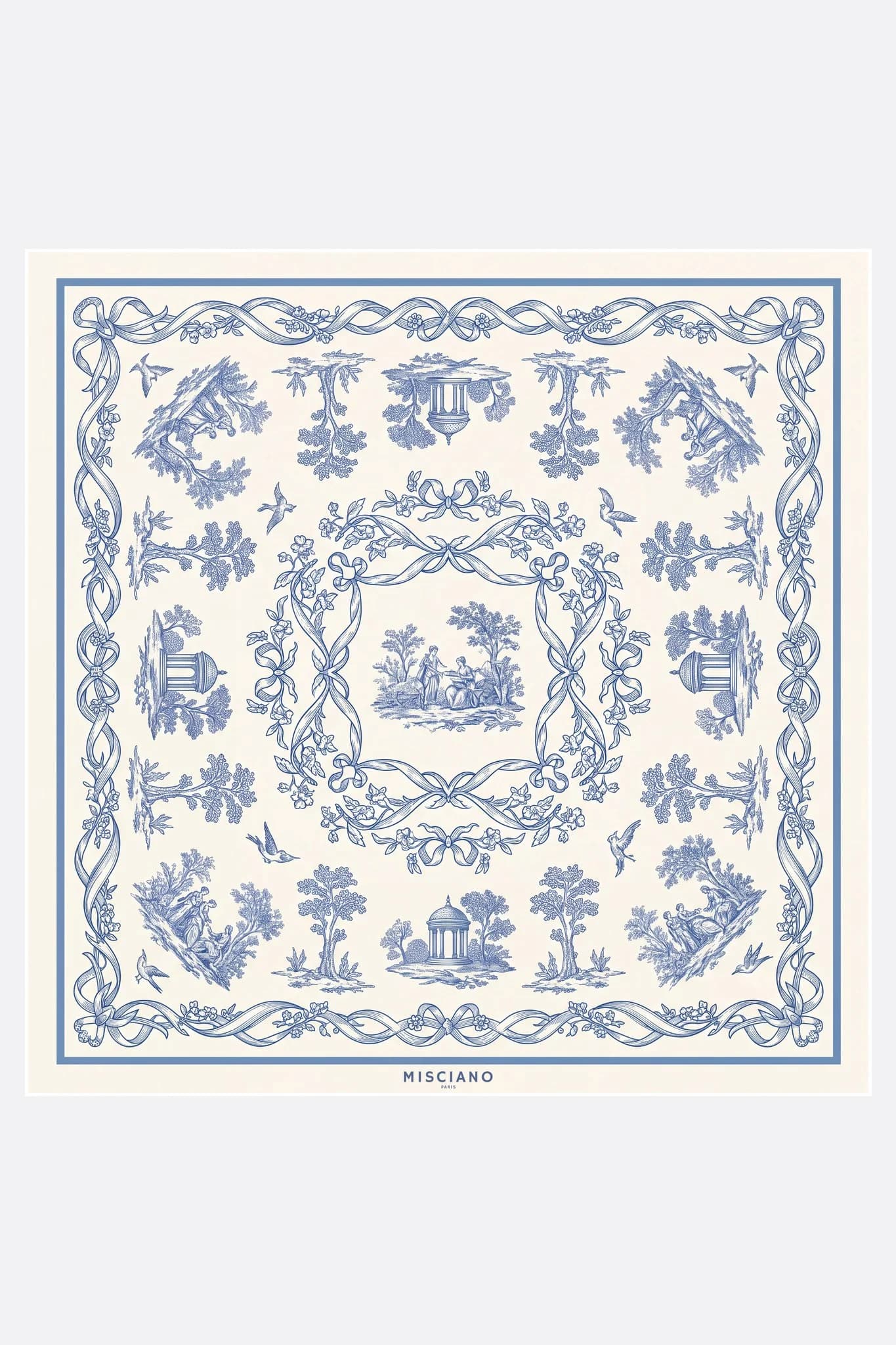 Seidenschal 70 Toile de rêverie Misciano flach, vollständiges Design: eine Toile de Jouy in Blautönen auf Creme: Gartenpavillons