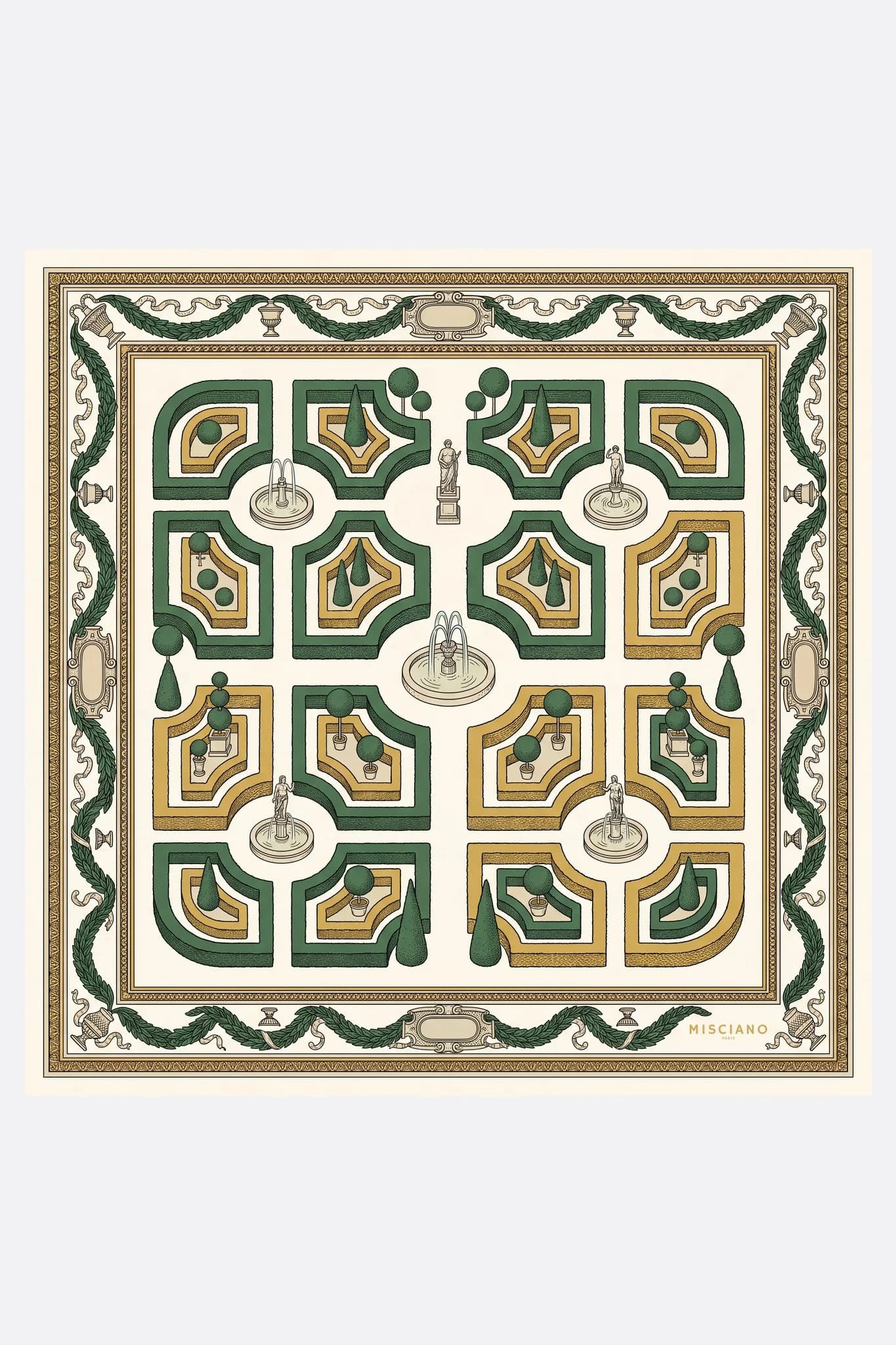 Foulard di seta 90 Labyrinthe enchanté Misciano piatto, disegno completo: un labirinto da giardino alla francese